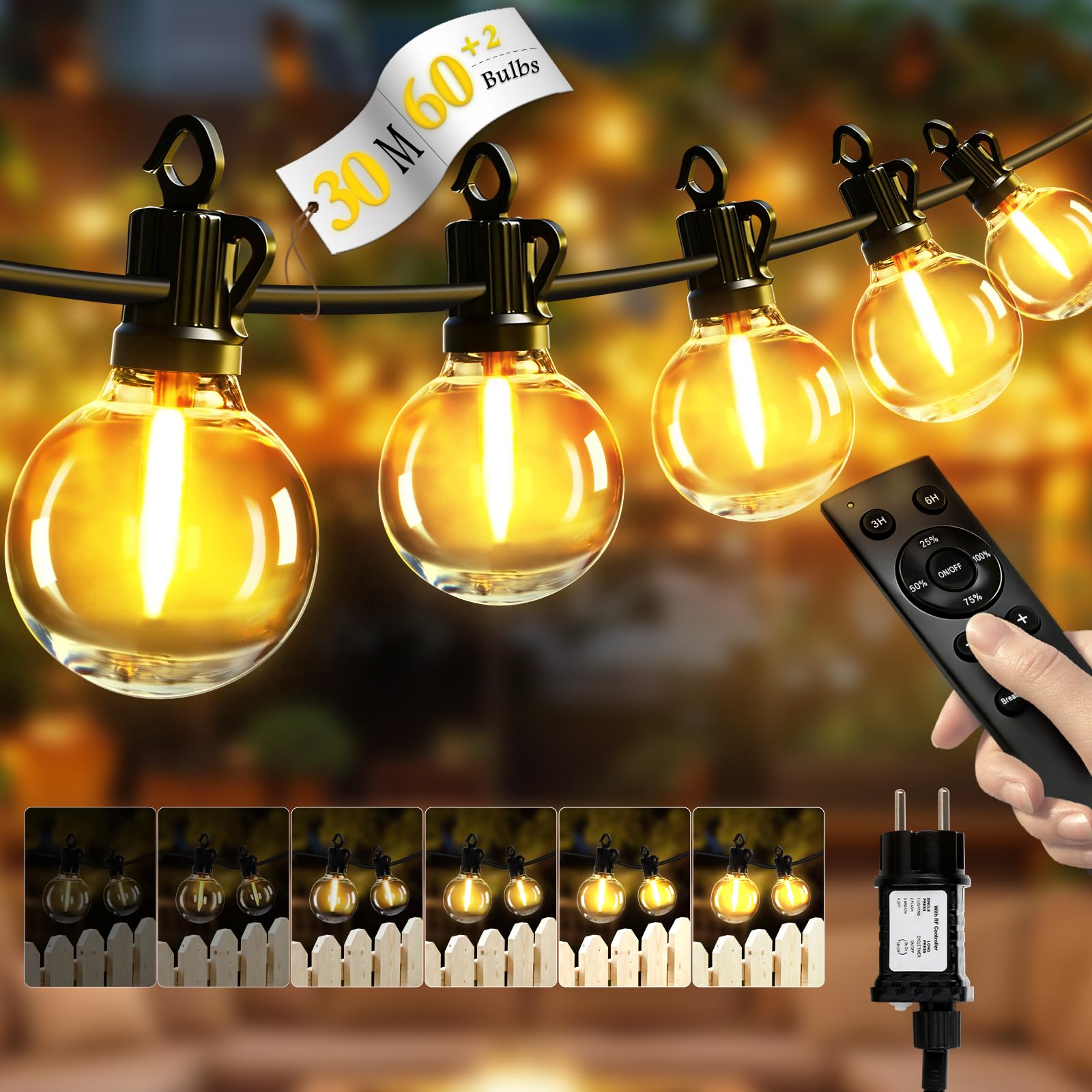 Guirlande Lumineuse Exterieure 30M LED Guinguette Connectable 60+2 G40 Ampoules IP65 Télécommande 4 Modes Minuterie