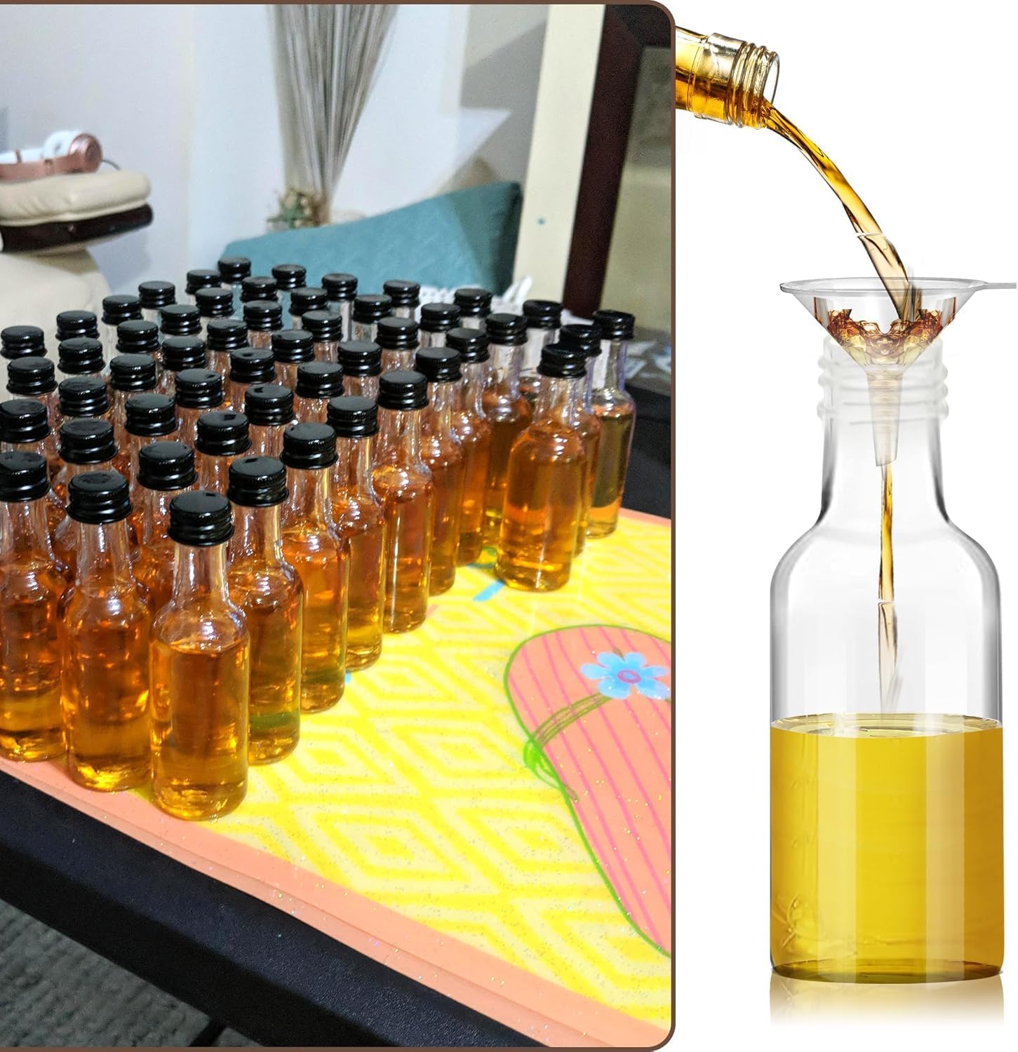 Mini Botellas Licor 50 ML con Tapón Rosca Negro 2 Embudos 24 Piezas