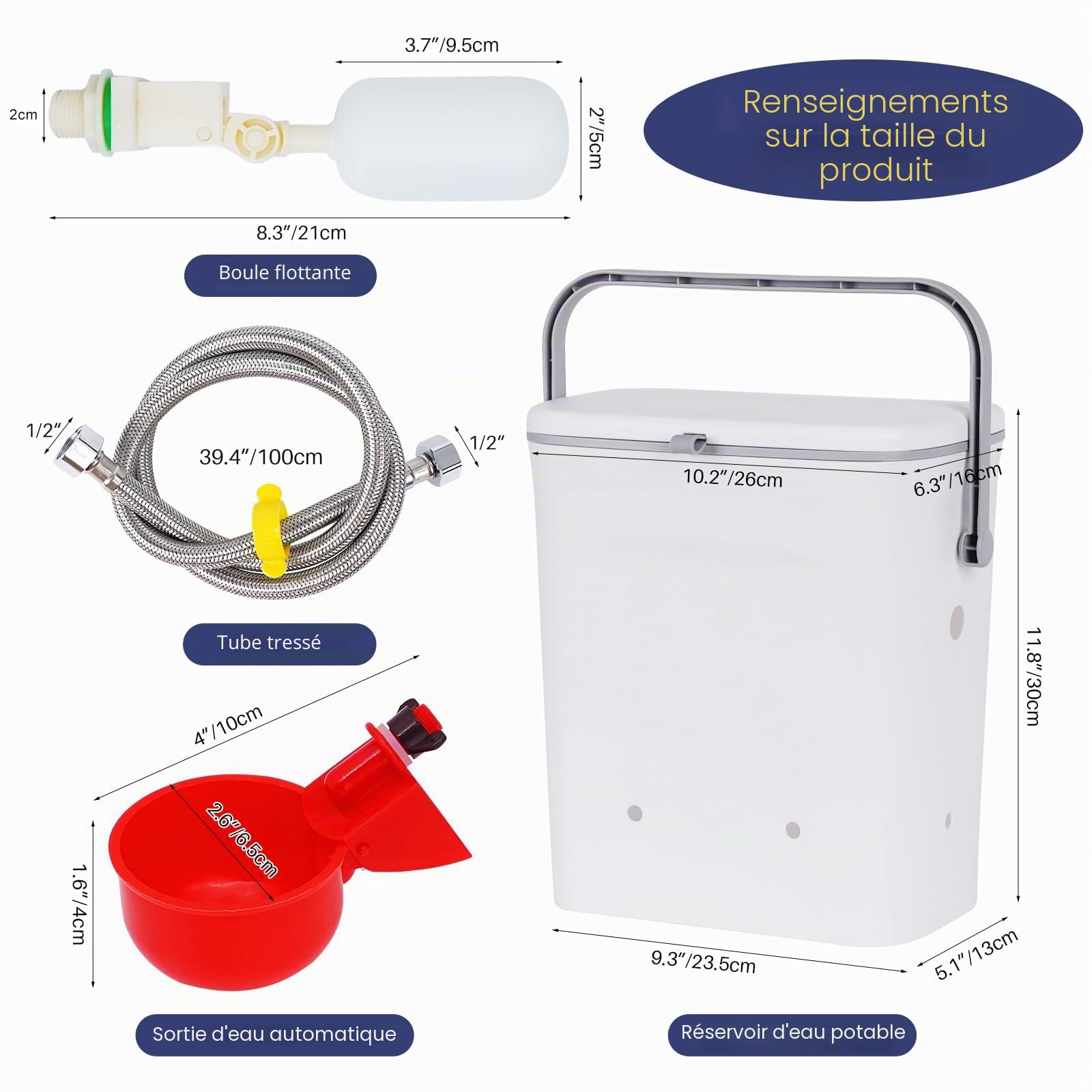 Volaille Automatique Abreuvoir 9L Distributeur Eau Poulet avec 4 pcs Abreuvoir Poule 100cm Tuyau Tressé Vanne à Bille RéGlable Abreuvoir pour Poussins Canards Oies Dindes Lapins Volailles