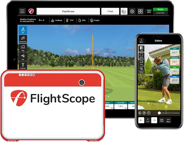 FlightScope Mevo+ GPS Launch Monitor and Golf Simulator | 20+ Swing Data Parameters with Multicam, 10 E6 Courses, 17 Practice Ranges and Games - for Indoor & Outdoor Use | Works with iOS and PC