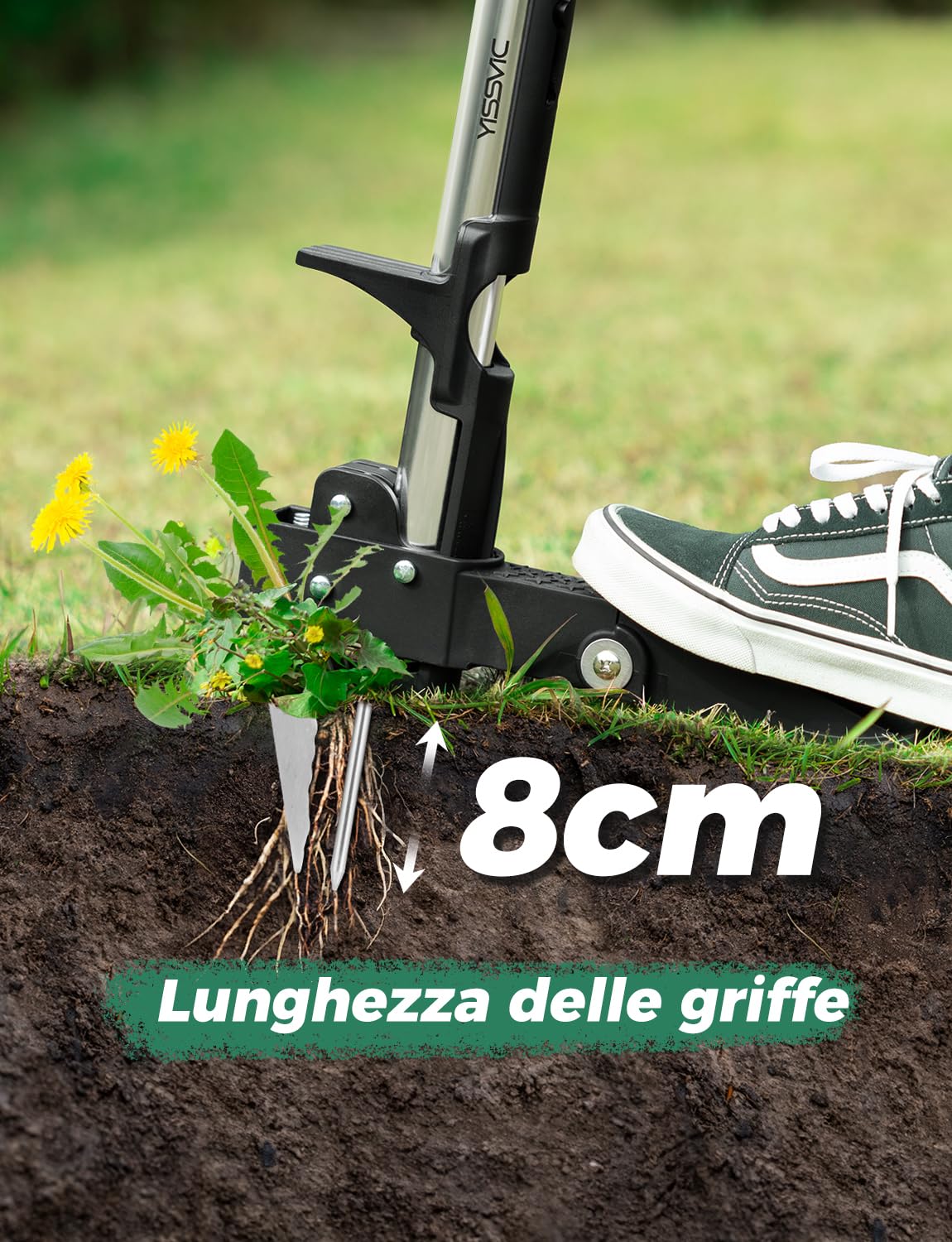 YISSVIC Estirpatore Erbacce Manuale a 4 Artigli in Acciaio Inossidabile con Pedale, Estrattore Radici Telescópico, 110-120 cm, Impugnatura Antiscivolo Regolabile a D, per Giardino