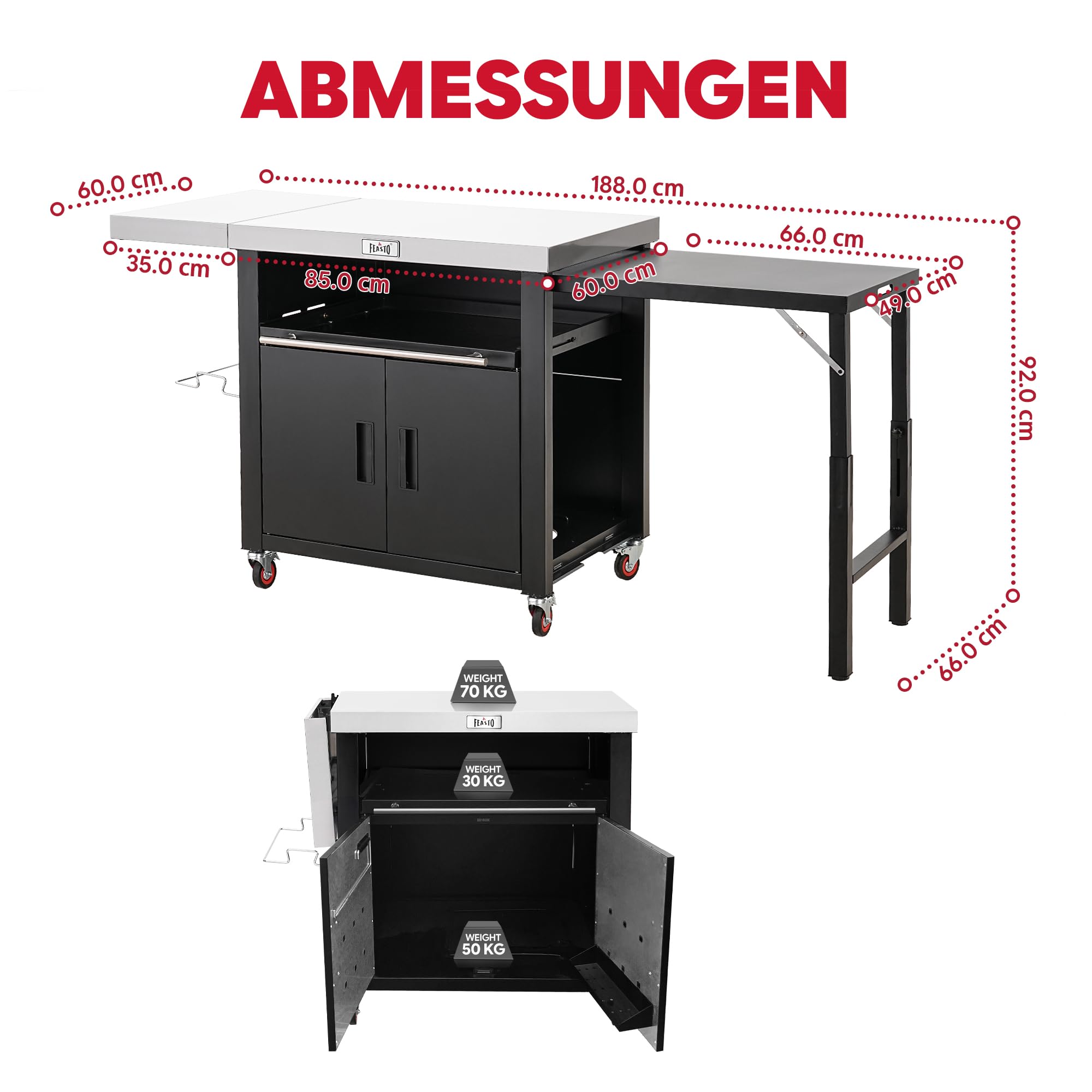 Outdoor-Küche Grillwagen Outdoor Grilltisch Outdoor wetterfest mit Schrank | 188x66x92 cm Servierwagen Pizzatisch mit 2 Klappbarer Beistelltisch, ausziehbare Ablage, für Pizzaofen, Außenküche,Terrasse
