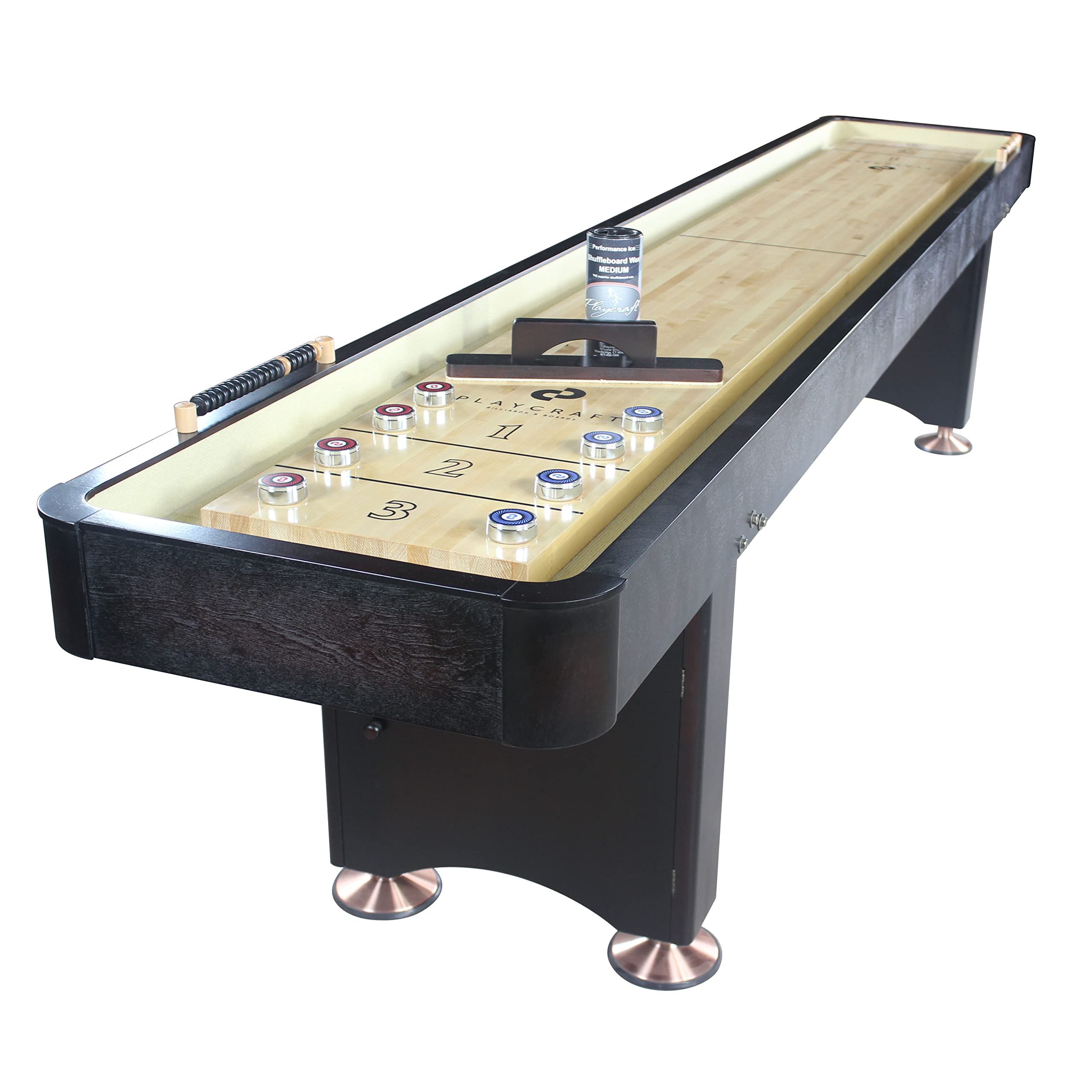 Playcraft Georgetown Shuffleboard Table with Storage Cabinet - Shuffle Board Game Table with Matching Abacus, 8 Pucks, Brush & Wax - Pro Climate Adjusters - Hand-Stained Burnished Finish