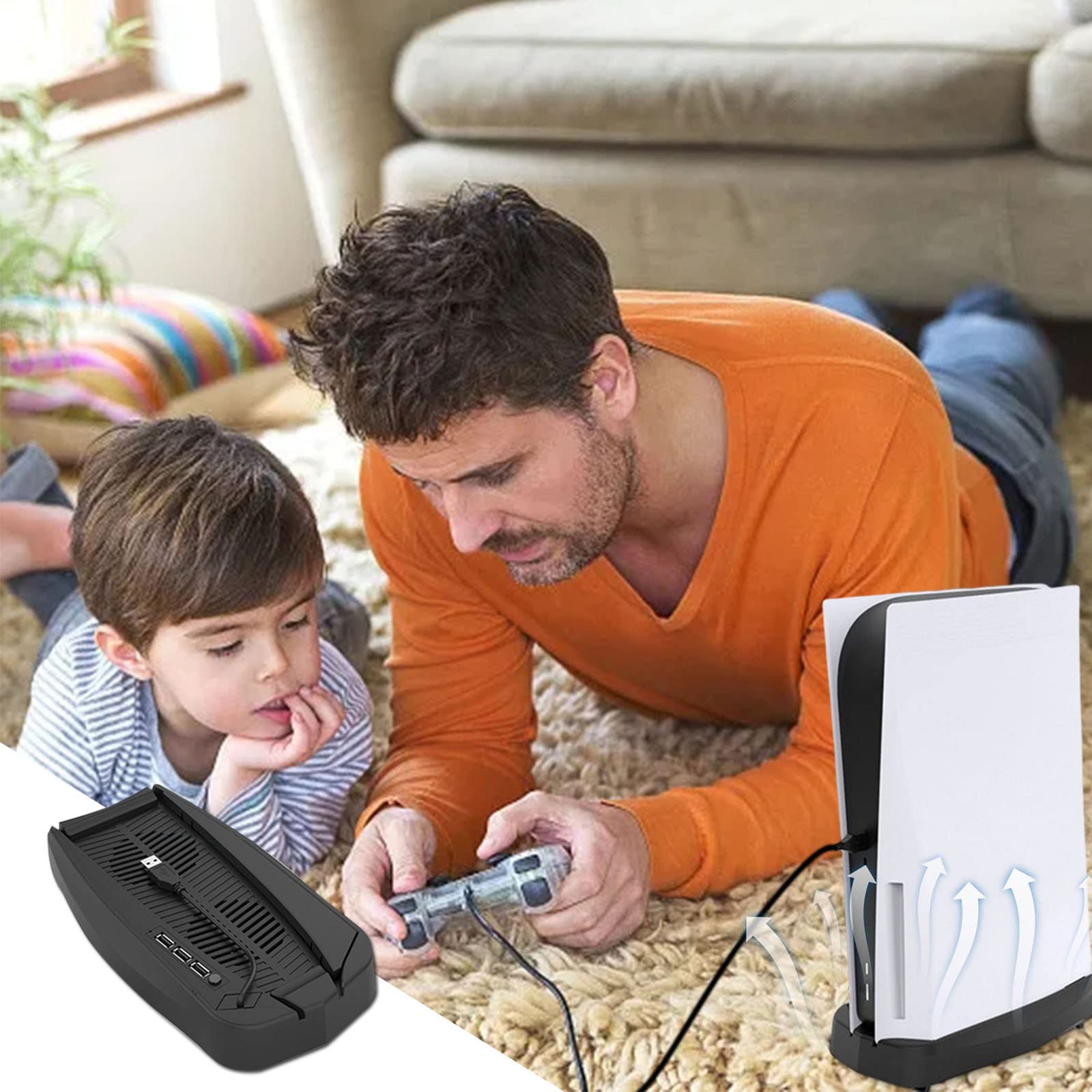 Soporte Vertical for PS5 con Ventilador y Cargador Doble for mandos, Base de estación for 5 Consolas PS5, Ventilador Ajustable de Velocidad UHD T0/1/1