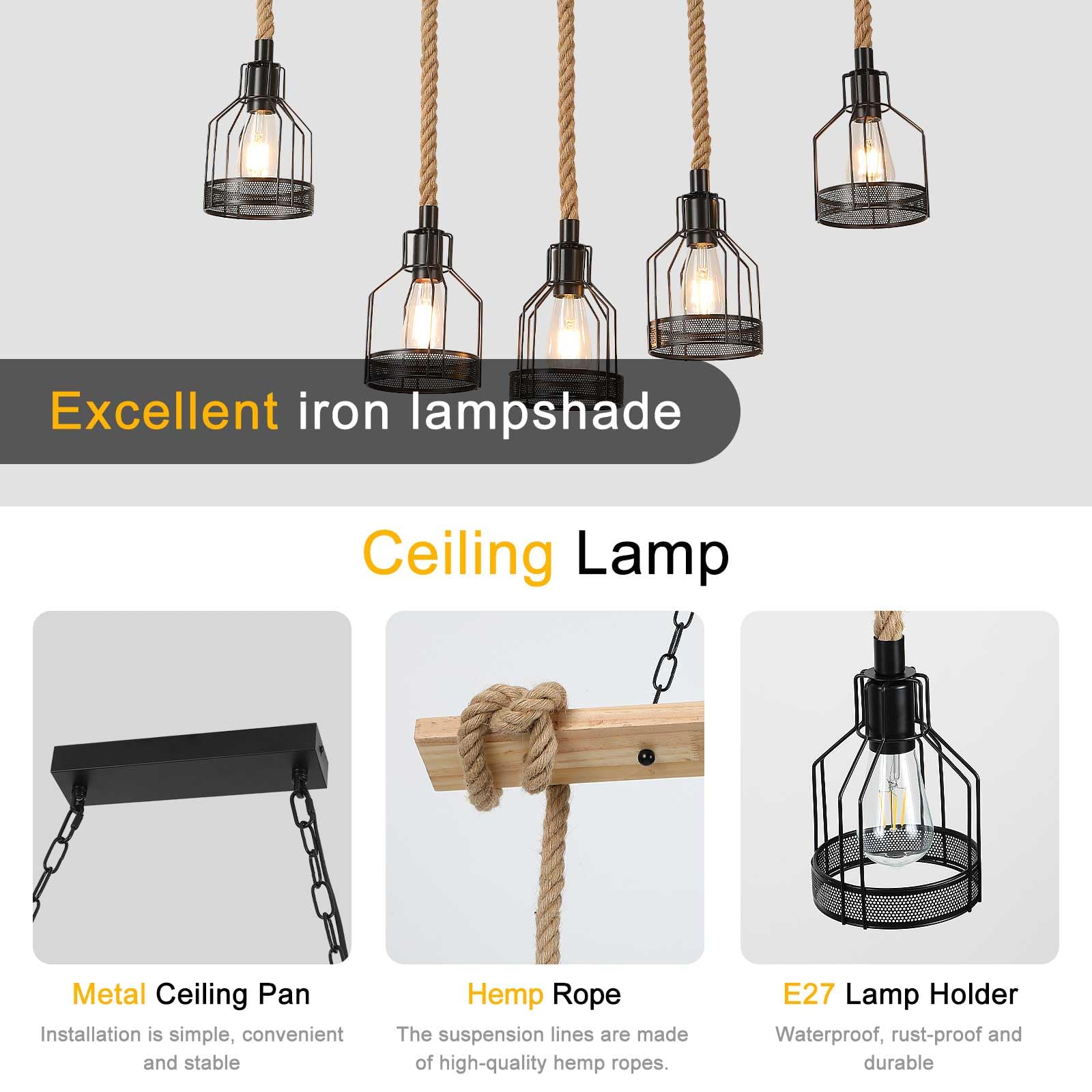 Lustre RéTro En Corde De Chanvre, Suspension En Bois, Suspension Industrielle E27, Plafonnier Cage MéTallique à 5 TêTes, Abat-Jour Marocain Pour Salle à Manger, Chambre, Restaurant, Cuisine