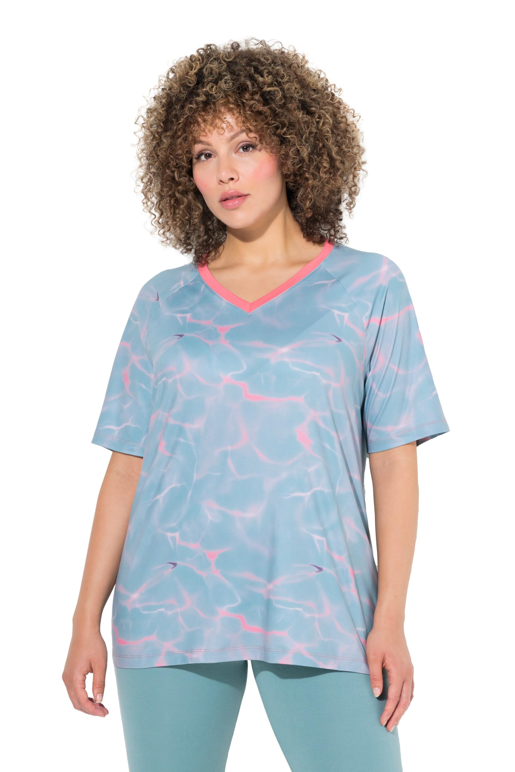Ulla Popken Damen große Größen Übergrößen Plus Size Funktions-T-Shirt, Wellenmuster, V-Ausschnitt, Halbarm 833515
