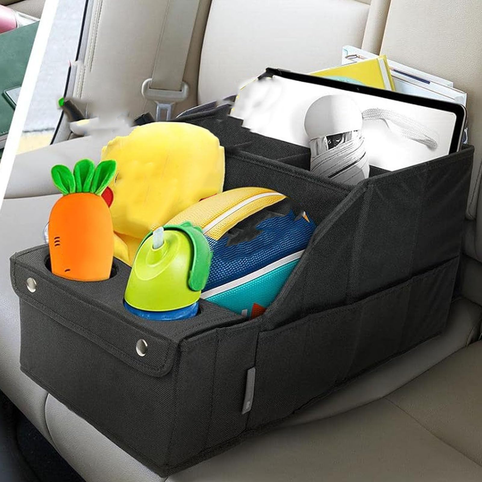 Asixxsix Organizzatore del Seggiolino per Auto, Organizzatore di Auto Sul Sedile Posteriore con Portate da 2 Tazze e 11 Sterzo Scomparti Pieghevoli di Stoccaggio del Sedile