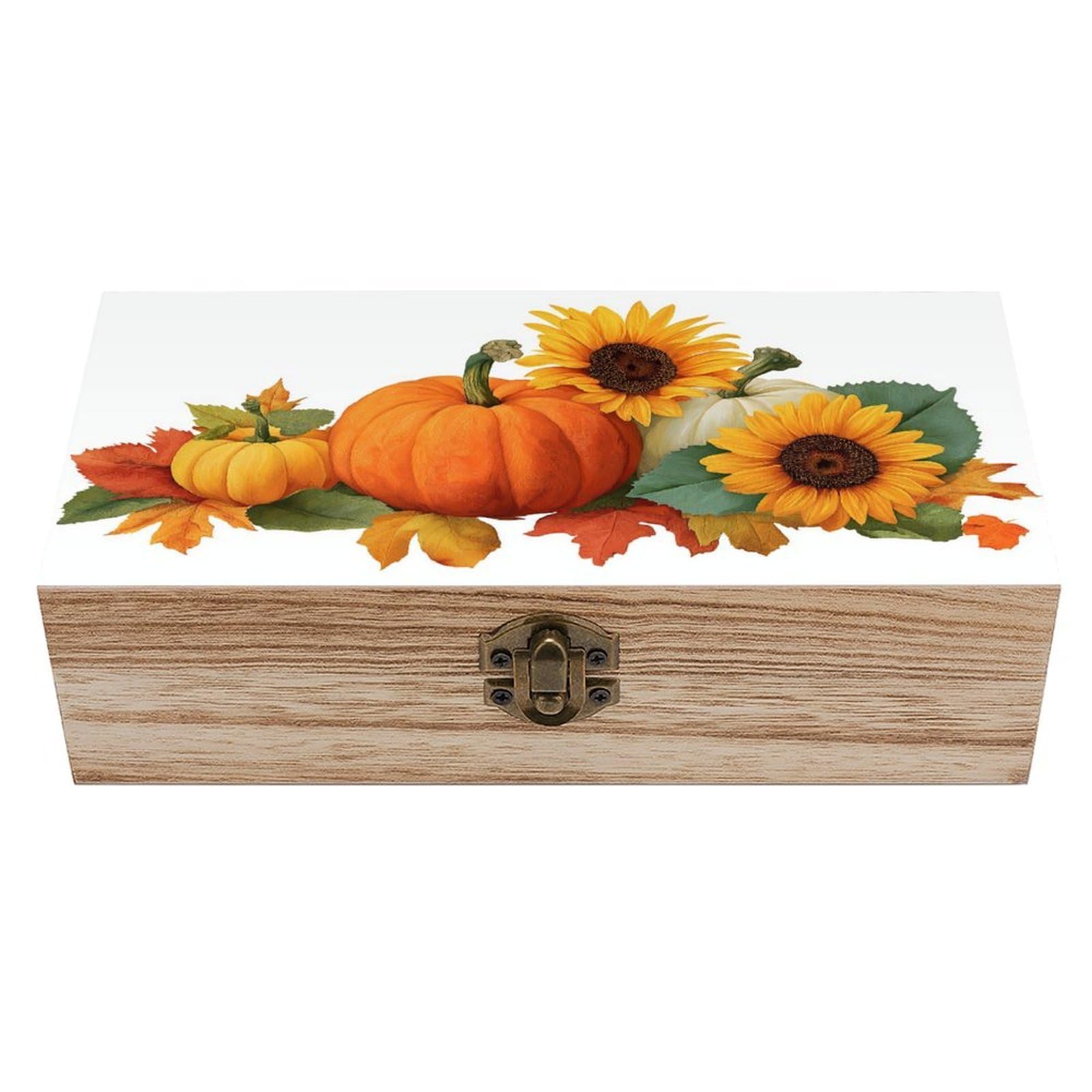 Ahdyr Pumpkins Sunflowers And Fall Leaves Wooden Storage Box with Hinged Lid And Front Clasp Large Keepsake Box