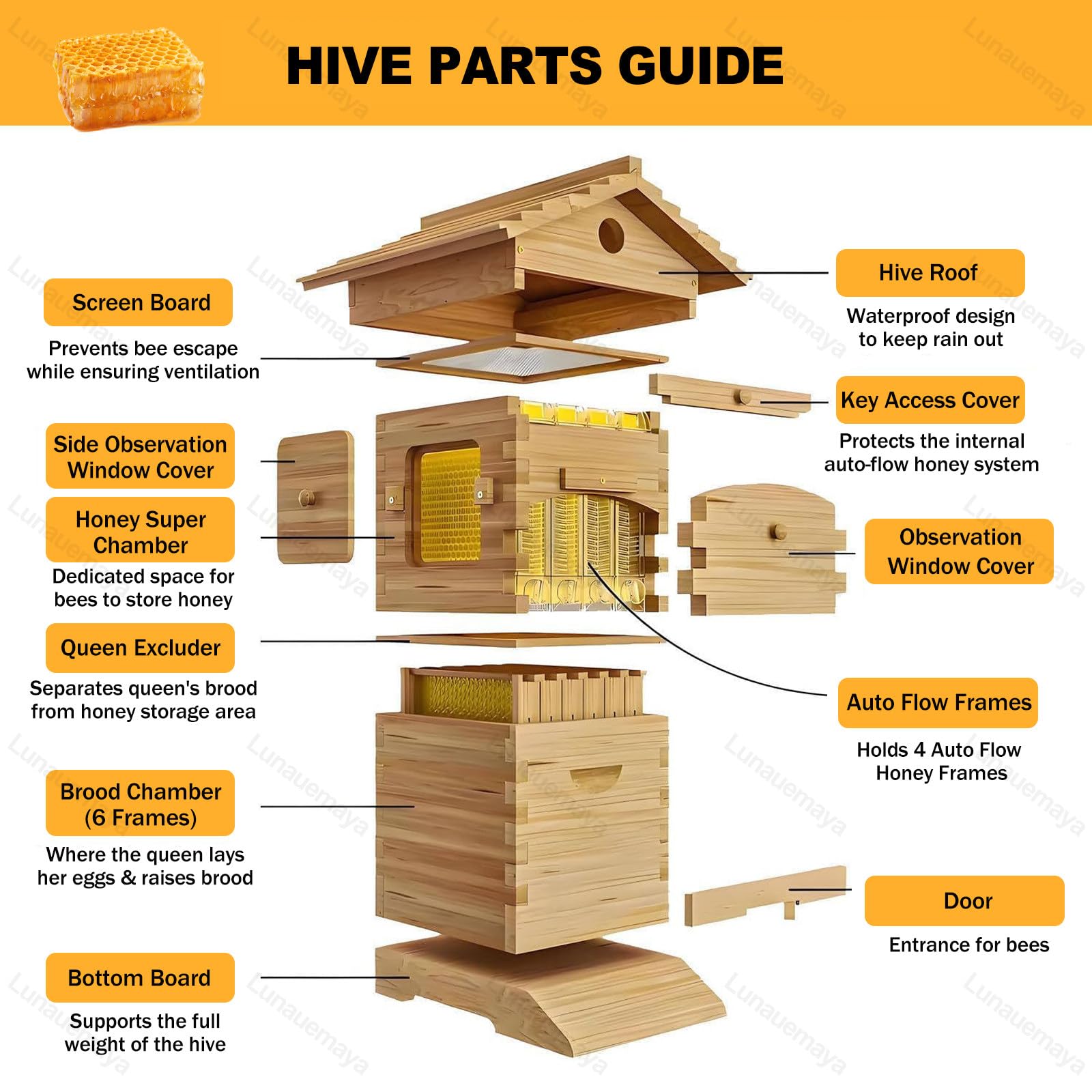 Kit de apicultura, colmena vertical de madera con marcos y bandejas de panal, suministros de cosecha automática de miel para principiantes