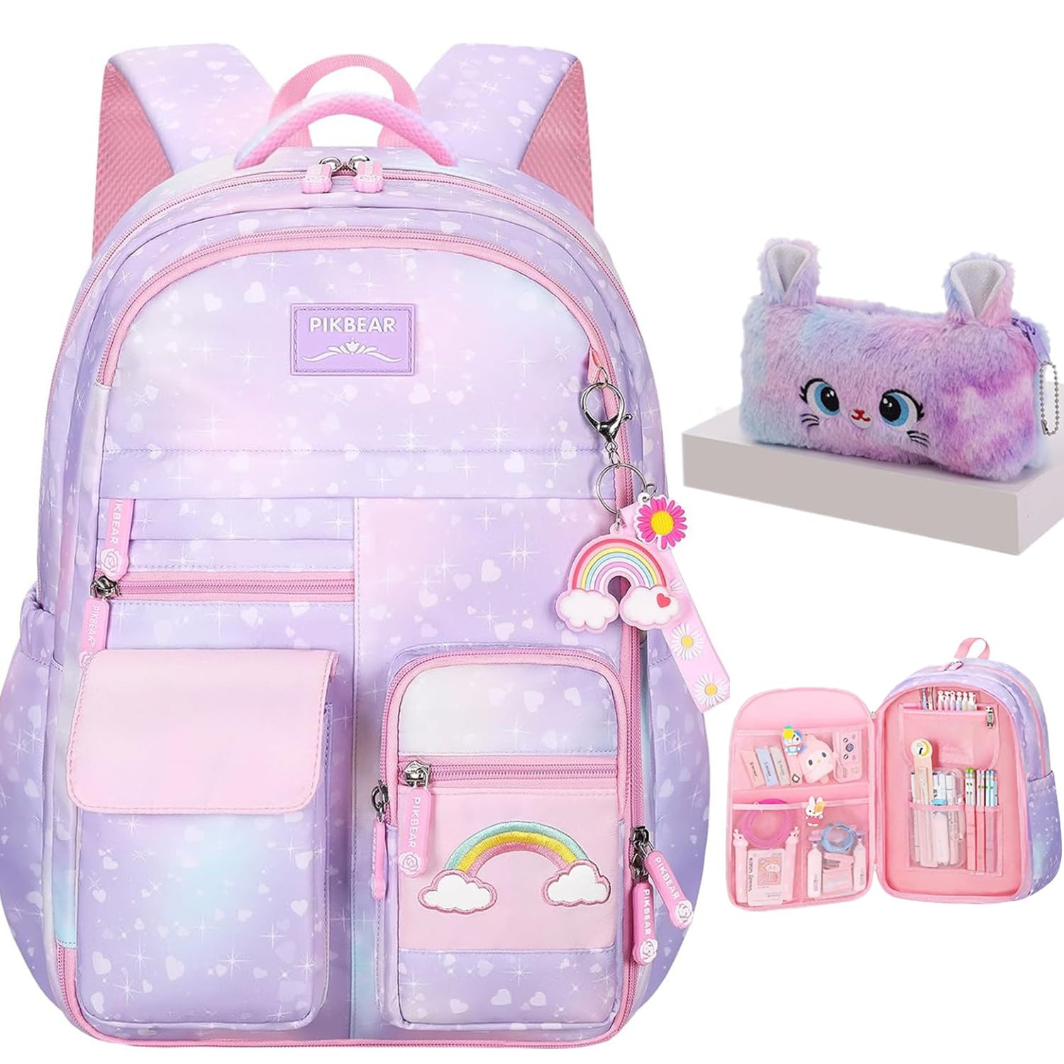 kistou Girls Backpack, School Backpacks Rainbow,Kawaii Kids Backpack,Book Bag for Elementary Primary School With Pen Bag