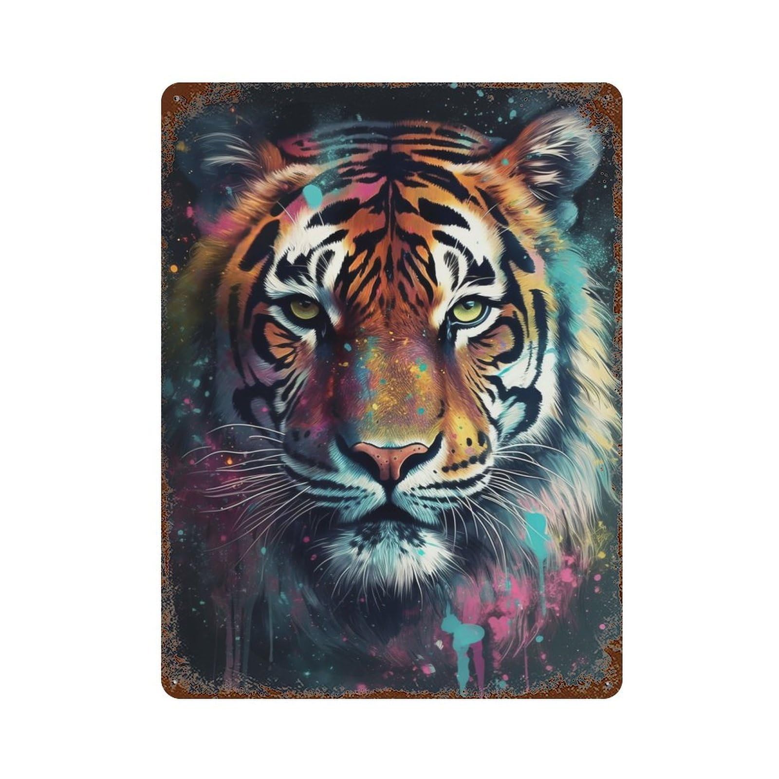Tiger Painting Vintage Wall Sign 15.7"x11.8", Rust Effect Metal Decor for Cafe, Home Bar And Lounge Decor