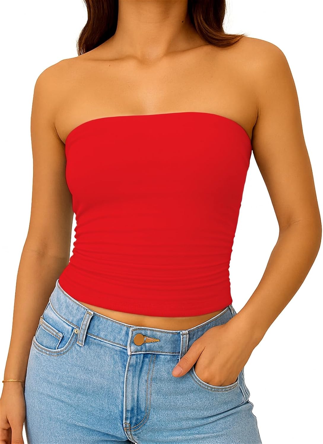 ForeFair Women Strapless Tube Tops Double Lined Ruched Backless Bandeau Going Out Top Basic Tank Tops - Image 5