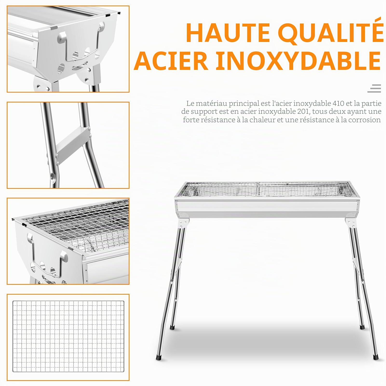 Barbecue au charbon de bois XXL - Portable - Barbecue pliable en acier inoxydable - Barbecue d'extérieur à charbon - Barbecue sur pied - Barbecue à charbon pliable (73 x 28 x 76 cm)