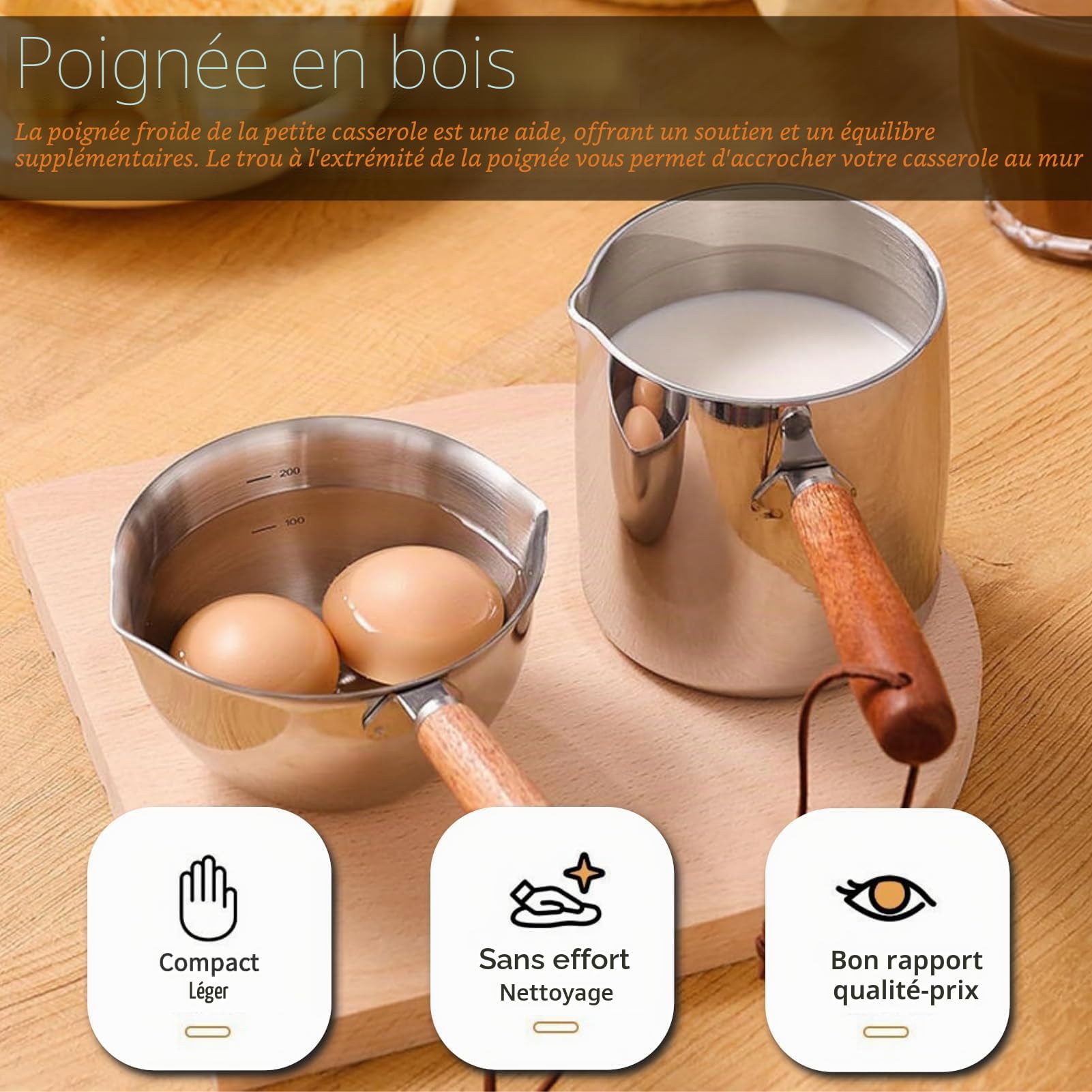 Tissting 2PCS Mini Cafetières 450ml,Poignée Bois Petites Casseroles Sauce