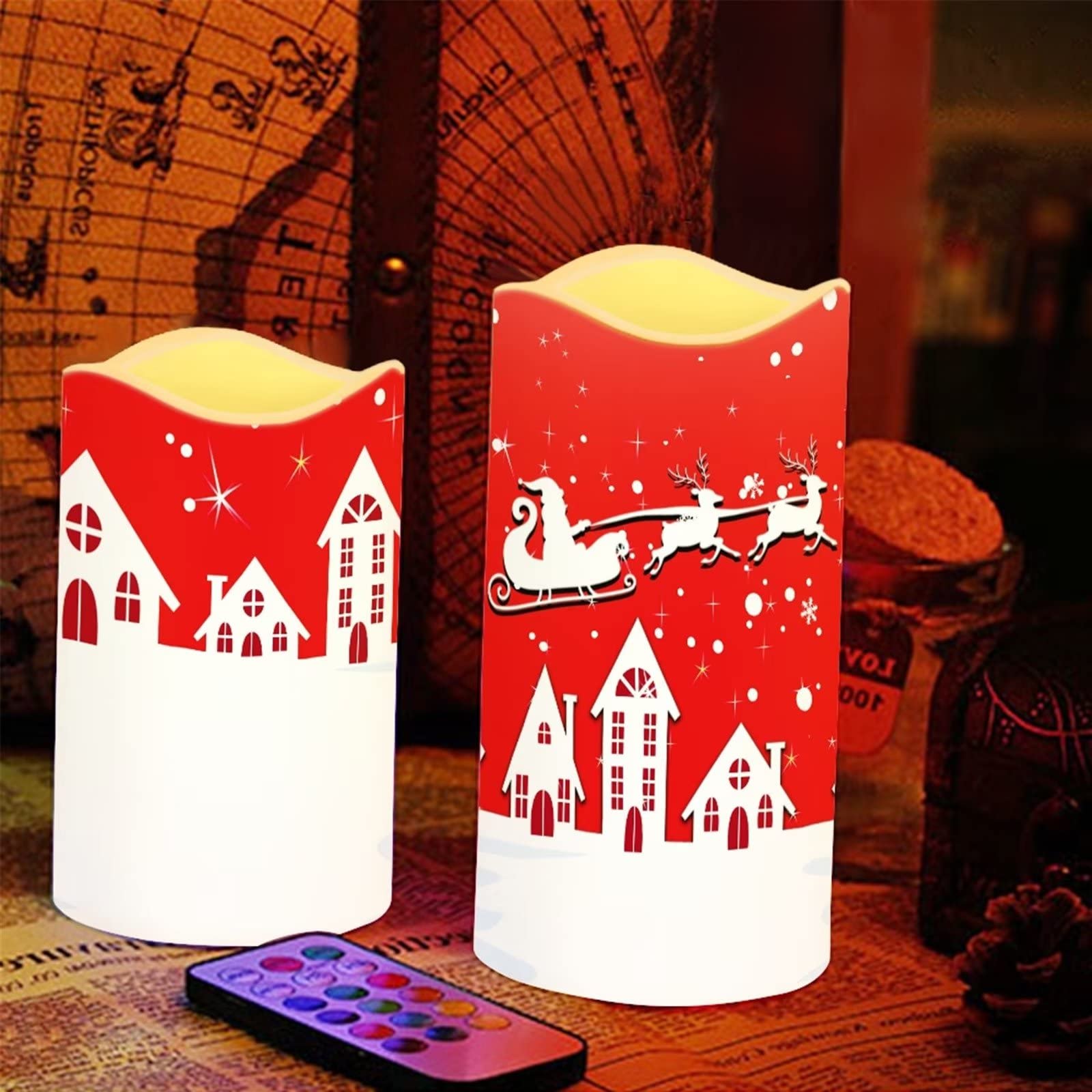 DISNIMO Velas de pilar LED de Navidad, velas sin llama, velas parpadeantes, funciona con pilas, control remoto de 18 teclas y temporizador para decoración de bodas, fiestas y vacaciones, juego de 4