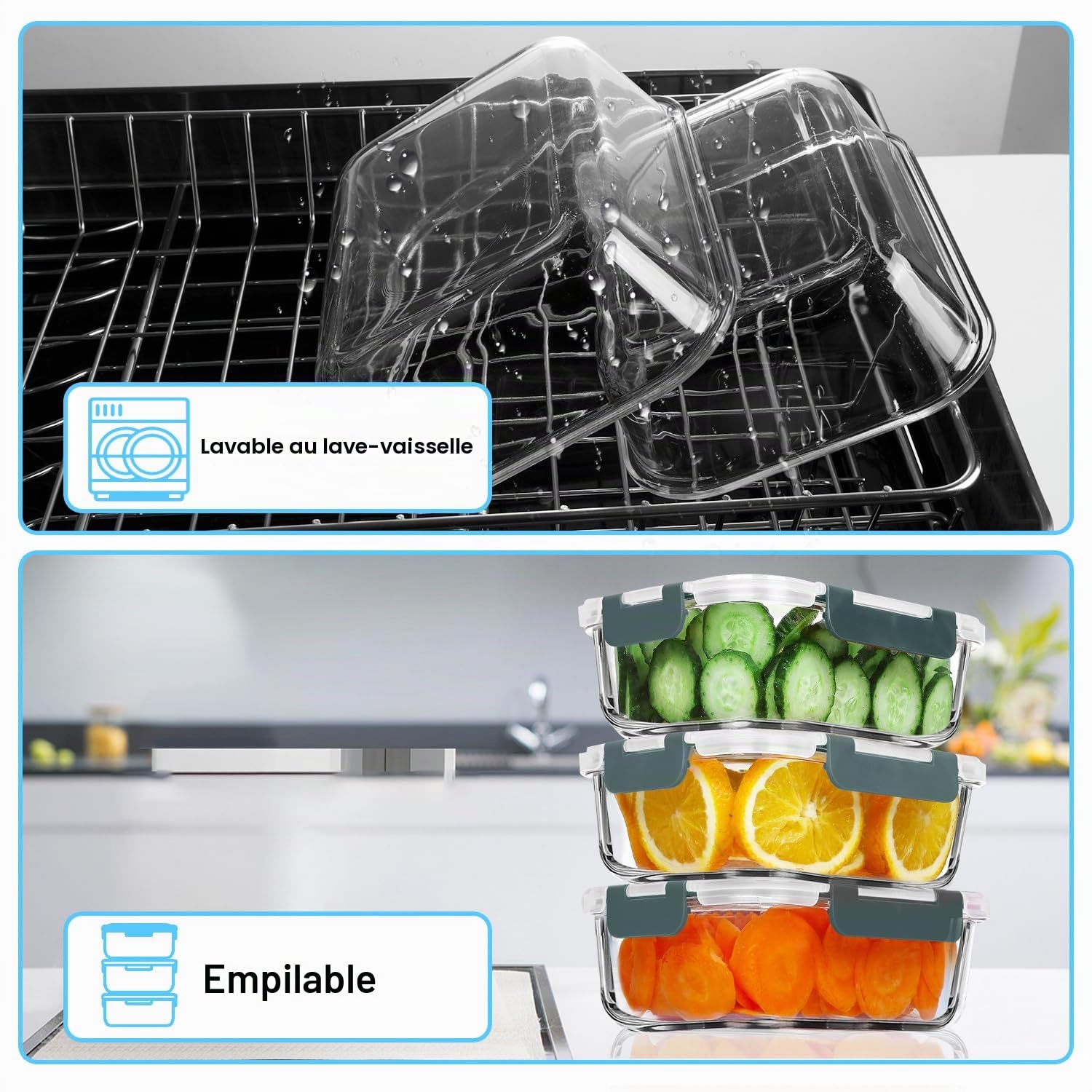 VERONES Lot de 5 récipients hermétiques en verre de 36oz pour la préparation des repas, boîtes à déjeuner en verre avec couvercles, pour micro-ondes, four, congélateur