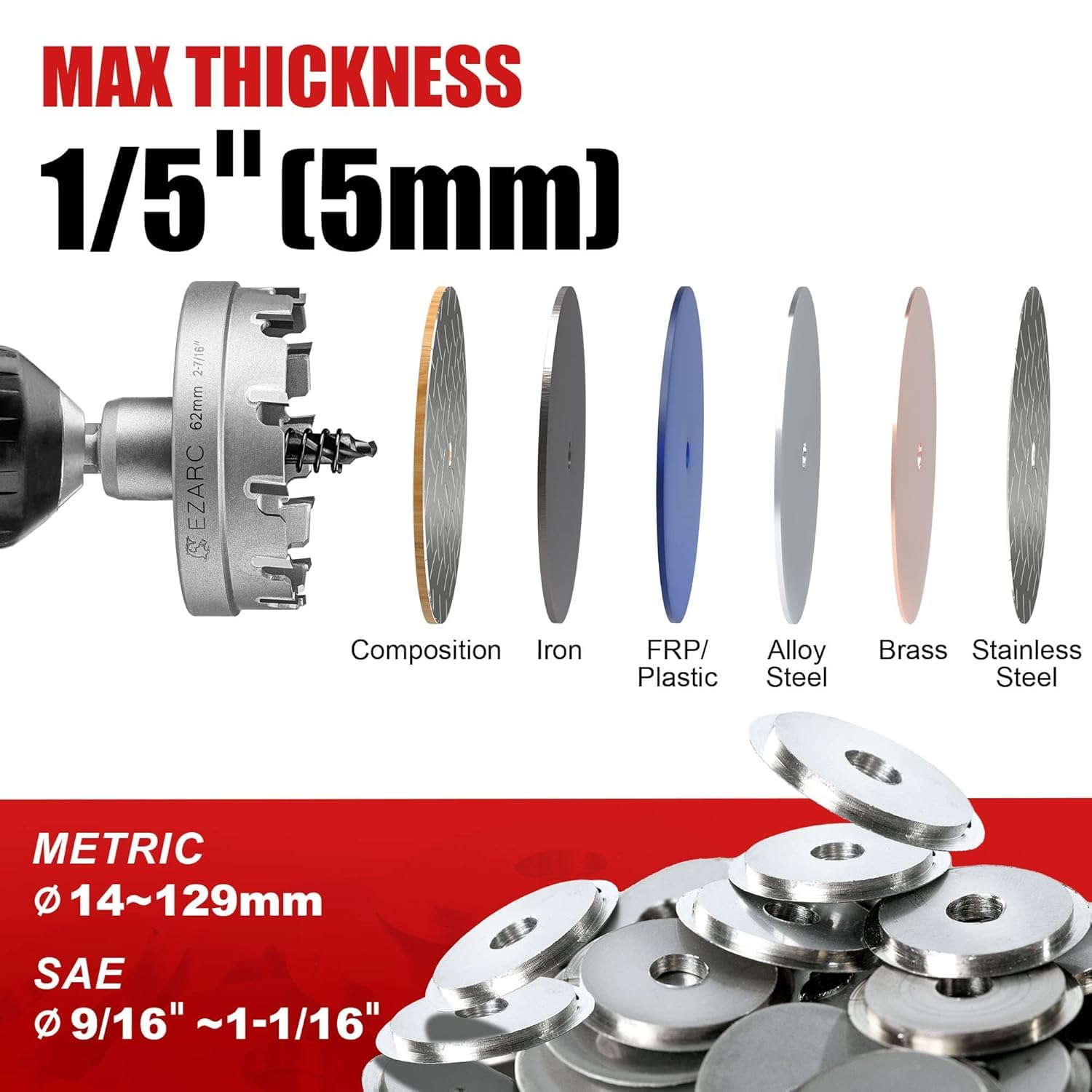 EZARC Carbide Hole Saw Heavy Duty, Hole Cutter for Stainless Steel, Sheet Metal 2-9/16" 65mm