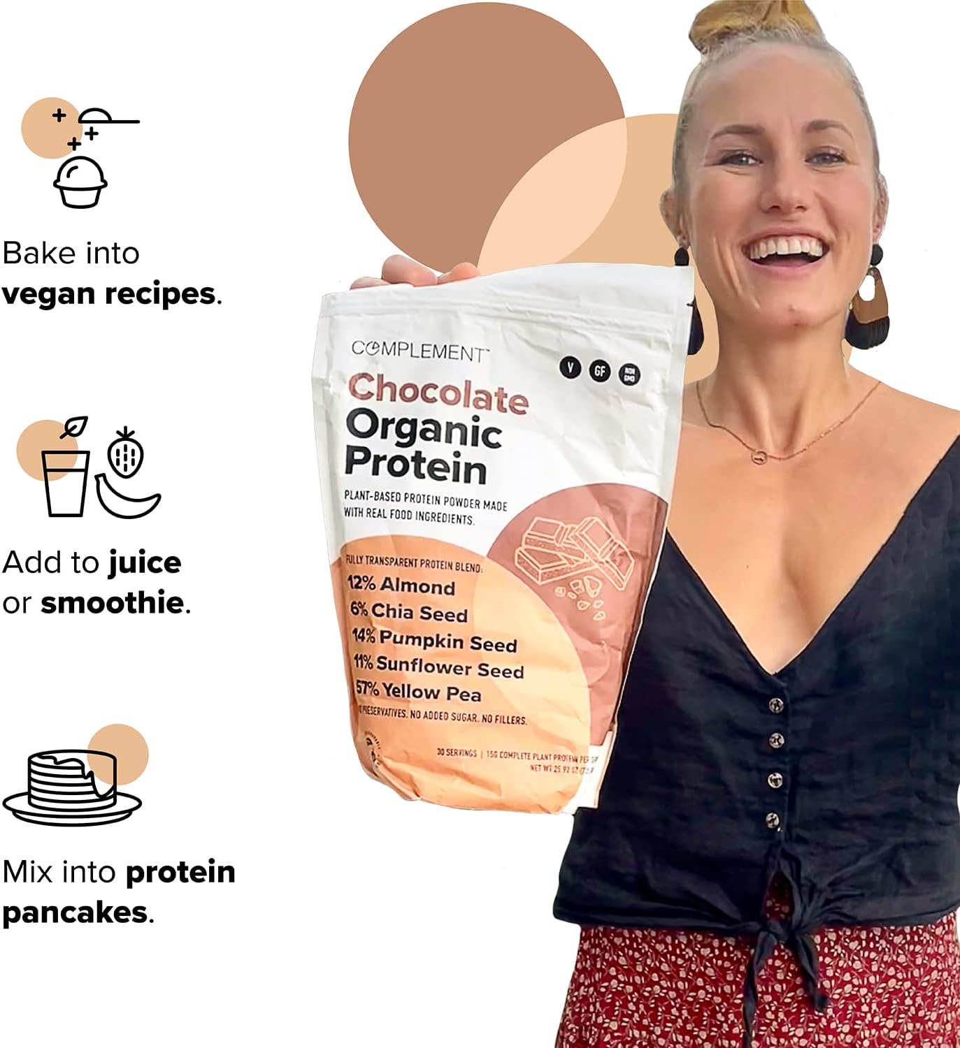 Complement Organic Vegan Protein Powder, Chocolate- Plant Based Protein Powder- Almond, Chia Seed, Pumpkin Seed, Sunflower Seed, Yellow Pea- Sugar Free, Non Dairy Lactose Free Protein - 30 Servings