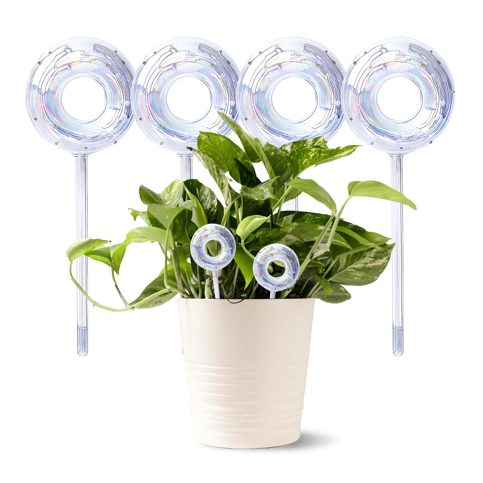 CHSEEO Plant Watering Globes Devices 4 Pcs Donut Iridescent Bulbs, 5-Days Self Watering Spikes for Indoor Outdoor Pots, Small House Plant Irrigation System Drip Feeder, Automatic Glass Waterer