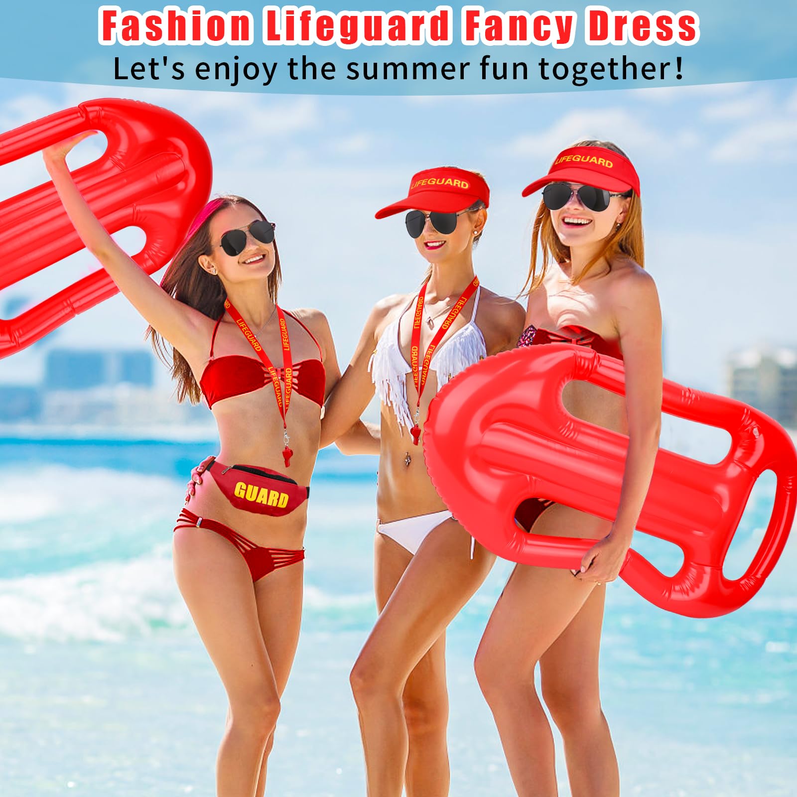 SelfTek Lifeguard Kostüm für Damen und Herren, Rettungsschwimmer Kostüm Set Baywatch Kostüm, Rettungsboje, Zubehör, Rot, Verstellbare Sonnenschutz Hut für Karneval Halloween