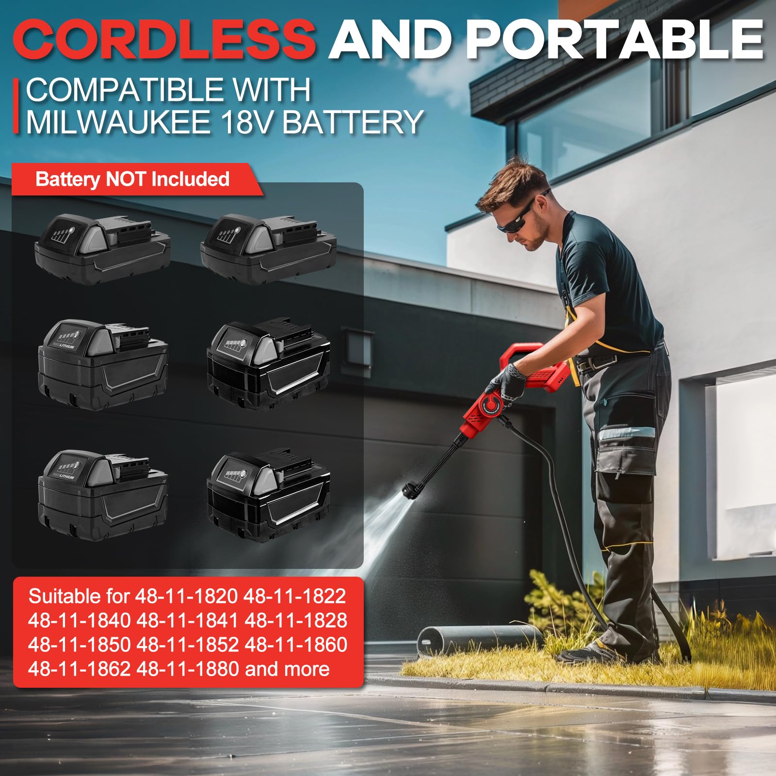 Akumulatorowa myjka wysokociśnieniowa 80 bar, kompatybilna z Milwaukee 18 V, przenośna myjka wysokociśnieniowa, z dyszą 6 w 1, bezszczotkowym silnikiem, nylon 6 l/min, nadaje się do samochodu, tarasu