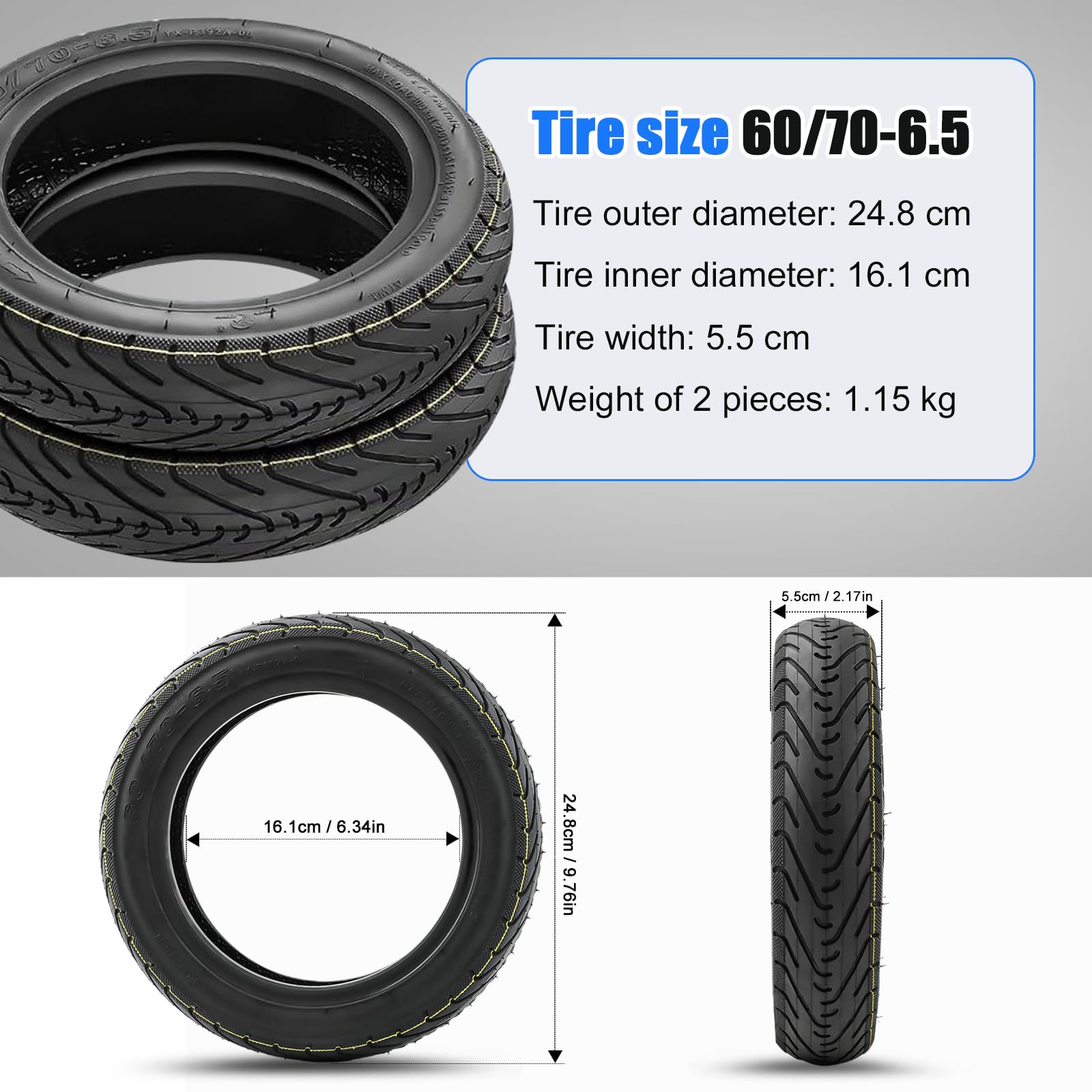 SYACHI 10 x 2,5 Pouces Pneu Tubeless+2 Buses Droites Accessoire Trottinette Électrique Pièces, 60/70-6.5 Caoutchouc plus épais et plus large Type Roues Anti-Explosion