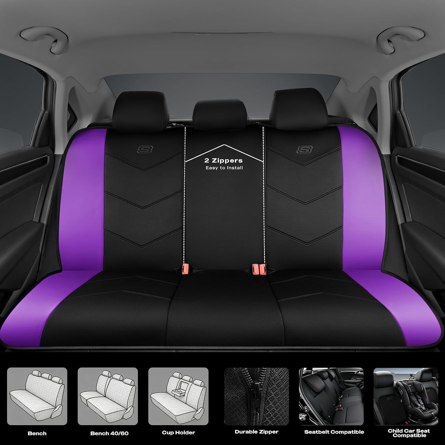  Memory Foam Seat Covers,Leather Car Seat Covers, Ultimate Comfort & Support Seat Covers Full Sets Airbag Compatible, Automotive Universal Fit Most for SUVs, Vans, Sedans, Cars, Trucks,Purple thumbnail
