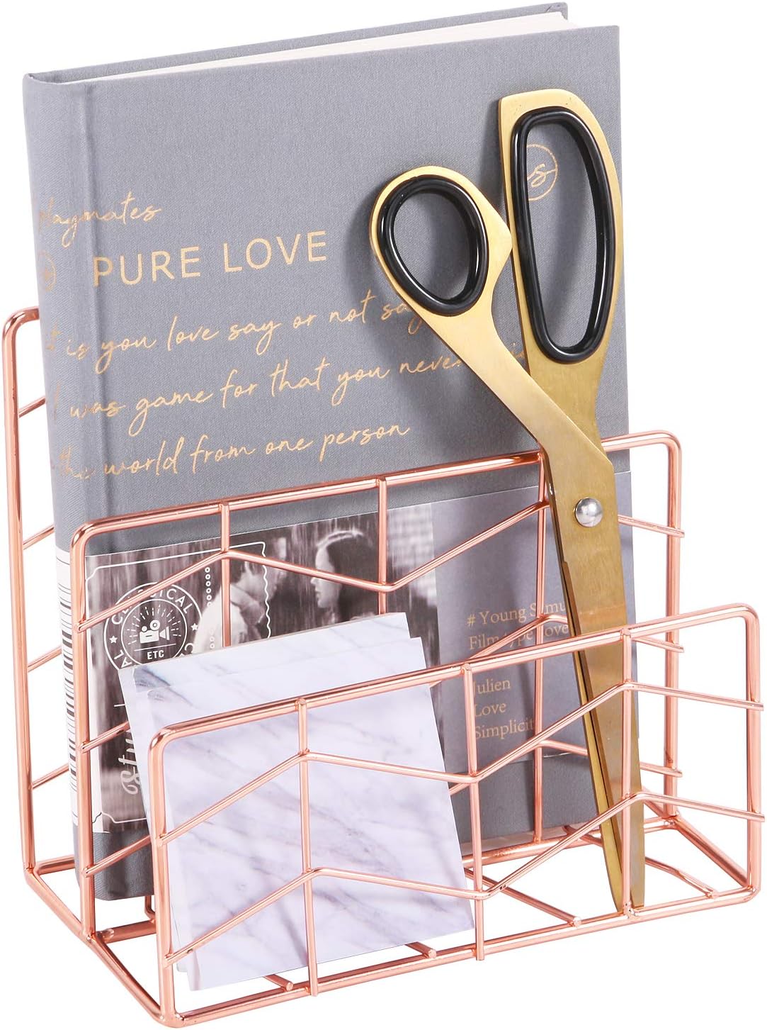 Nugorise Mail Sorter, 2 Slot Wire Letter Holder Rack, Decorative Desk Paper Organizer for Bill, Envelope, Postcard, Brochure, File and More, Rose Gold