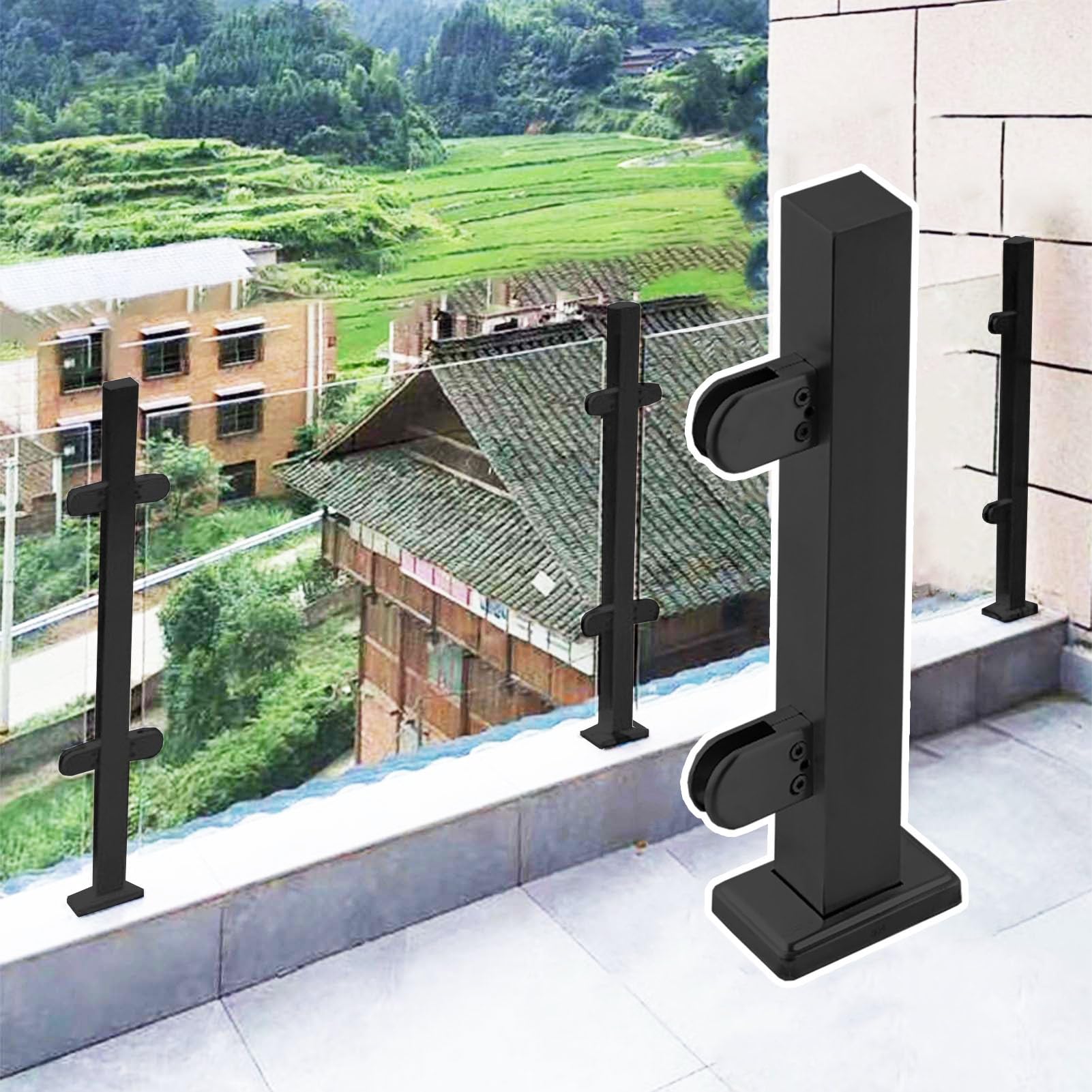 Poteau de garde-corps en verre noir 60-100cm en inox pour escalier extérieur
