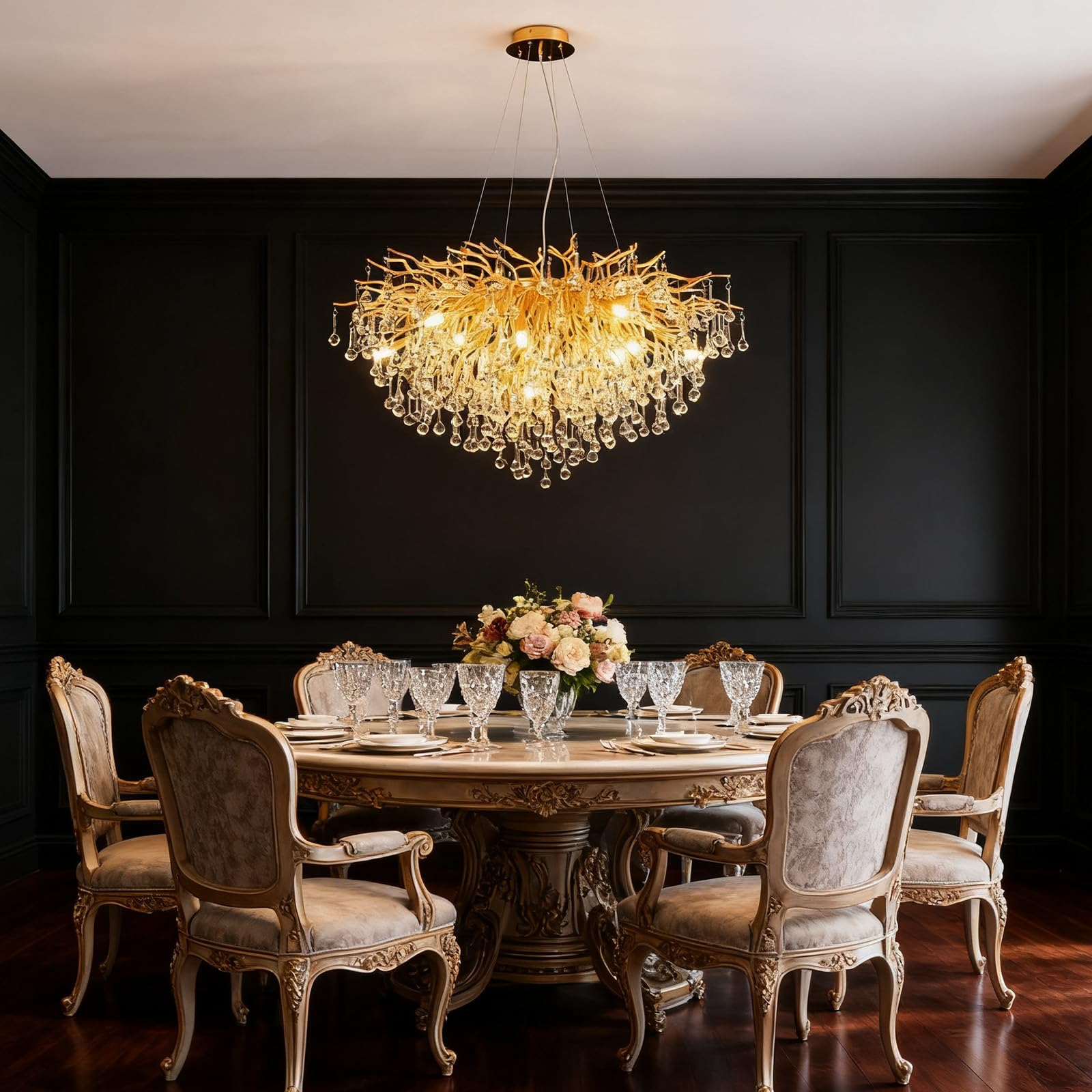 KXEcoLife Modern Crystal Chandeliers, Luxury Tree Branch Chandelier Hanging Light Fixtures, Raindrop Chandeliers for Dining Room,Living Room,Round 80cm