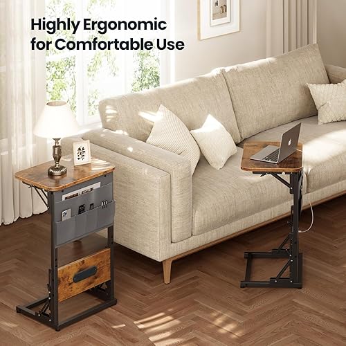 Miniatura 6 de HLDIRECT C Shaped End Table with Charging Station, Couch Side Table with Storage Bag, Foldable TV Tray with 2 USB Ports and Outlets for Living Room,