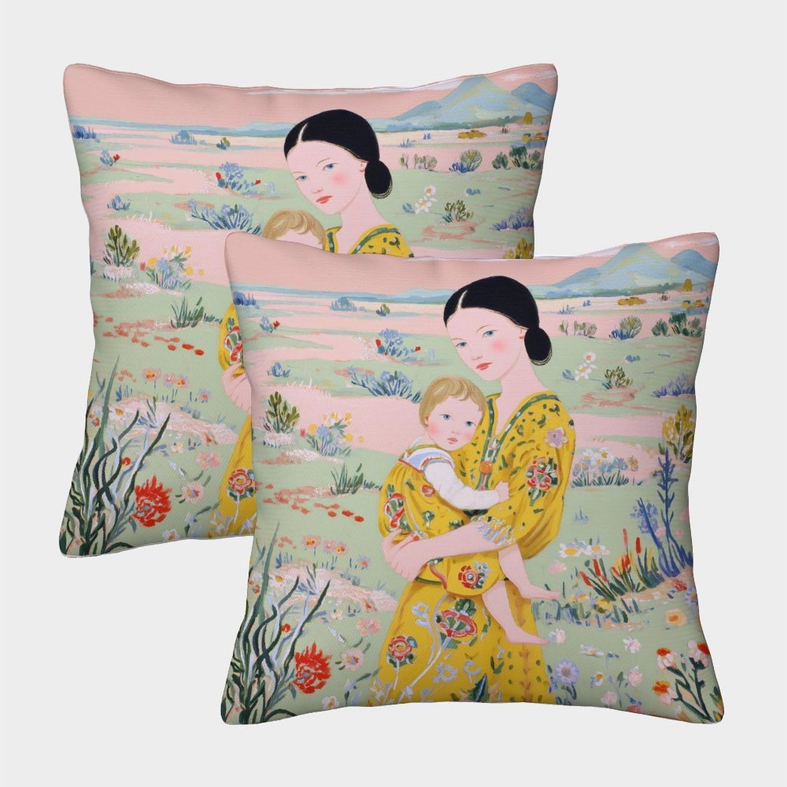 kaiyun 2 Pack A Mother Holds A Young Child in Her Arms, And Wildflowers Bloom on The Grass Square Pillow Cover Cushion Cover 45x45cm Suitable for Sofa Bed Chair,3D Pattern