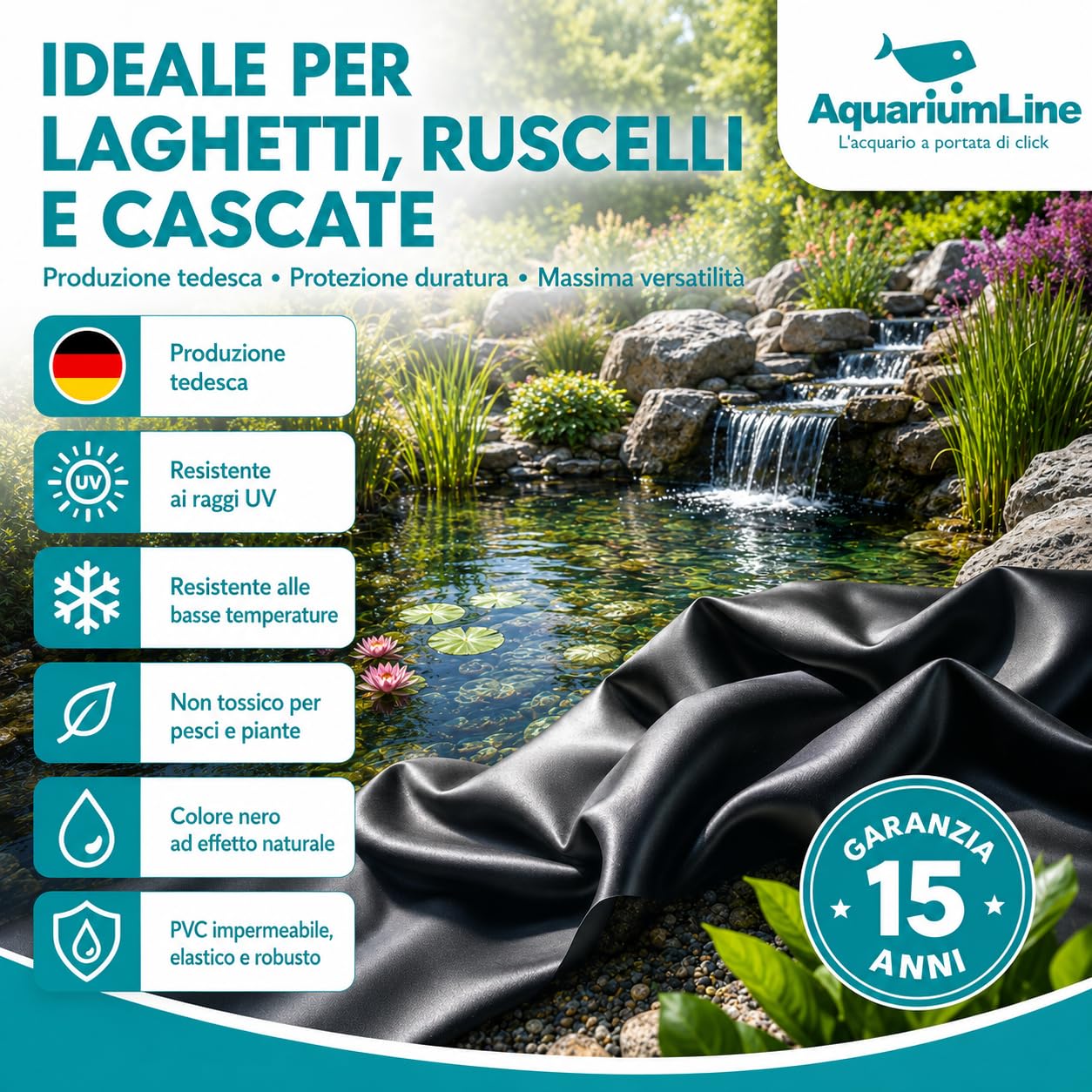 Whimar Telo per Laghetto o Stagno in PVC Nero Realizzato con Rinforzo Interno, Atossico, Flessibile, Resistente al Gelo e Stabilizzato UV Spessore 1mm - Made in Germany - Varie Misure (4x3 m - 1mm)