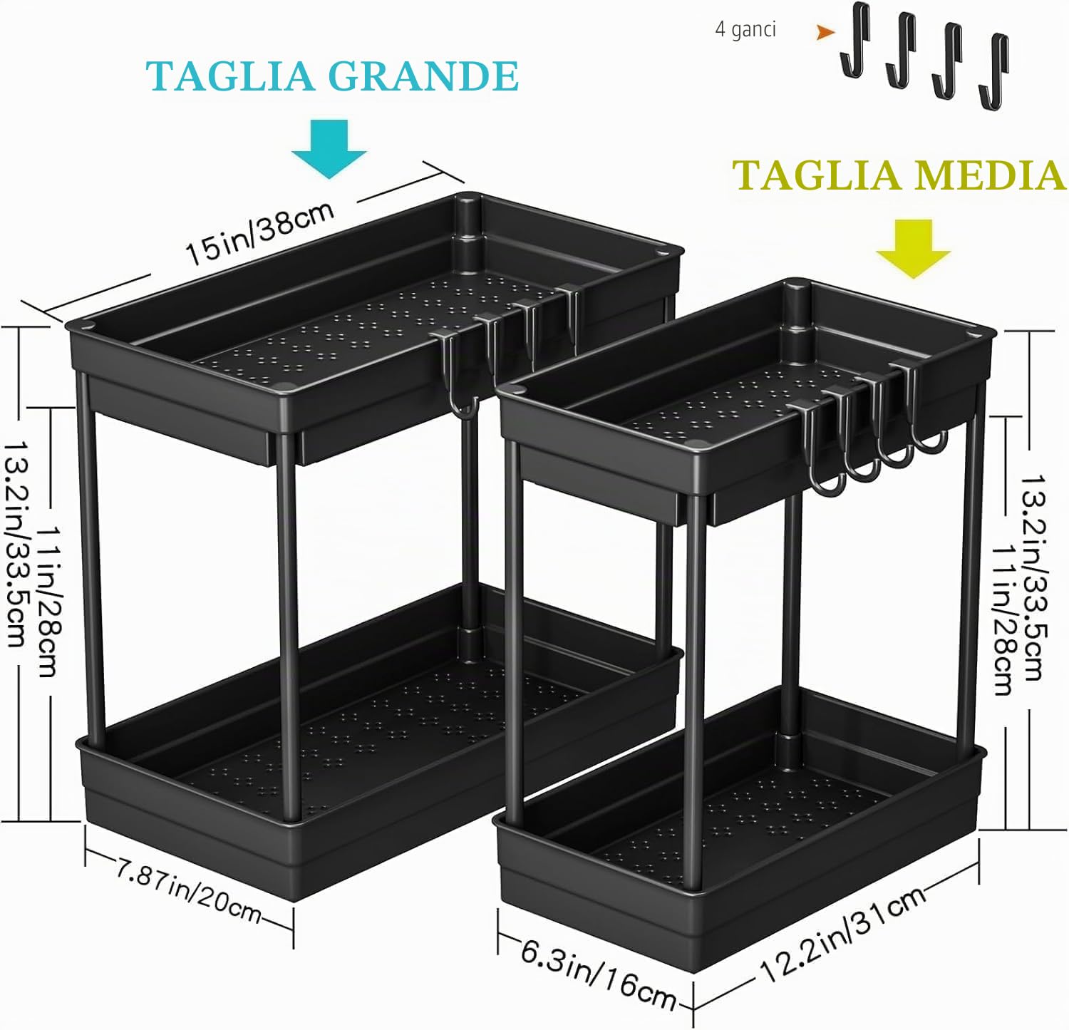 PurKeep Organizer da cucina – 2 pezzi a 2 ripiani da cucina sotto il lavandino, organizer con ganci, per bagno, piano di lavoro, nero