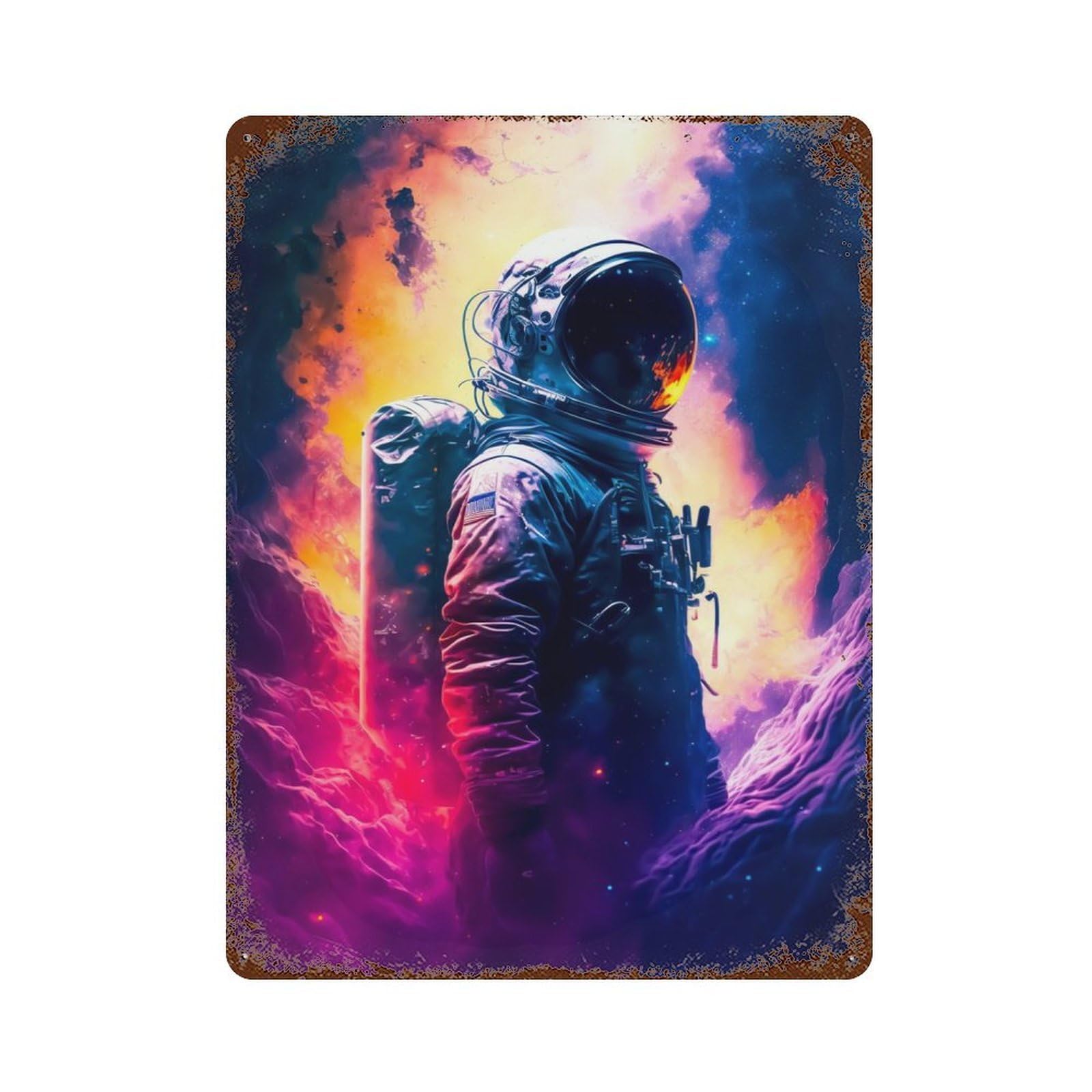 Colorful Astronaut Vintage Wall Sign 15.7"x11.8", Rust Effect Metal Decor for Office, Studio And Wall Decor