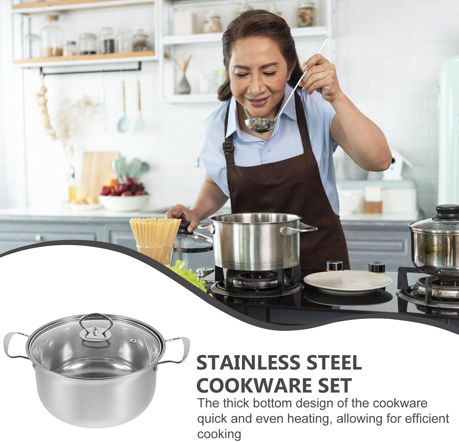 Stainless Steel Cookware Set Kitchen Pots with Thick Bottom for Even Heating Cooking Pot Pan Set with Comfortable Steel Handles