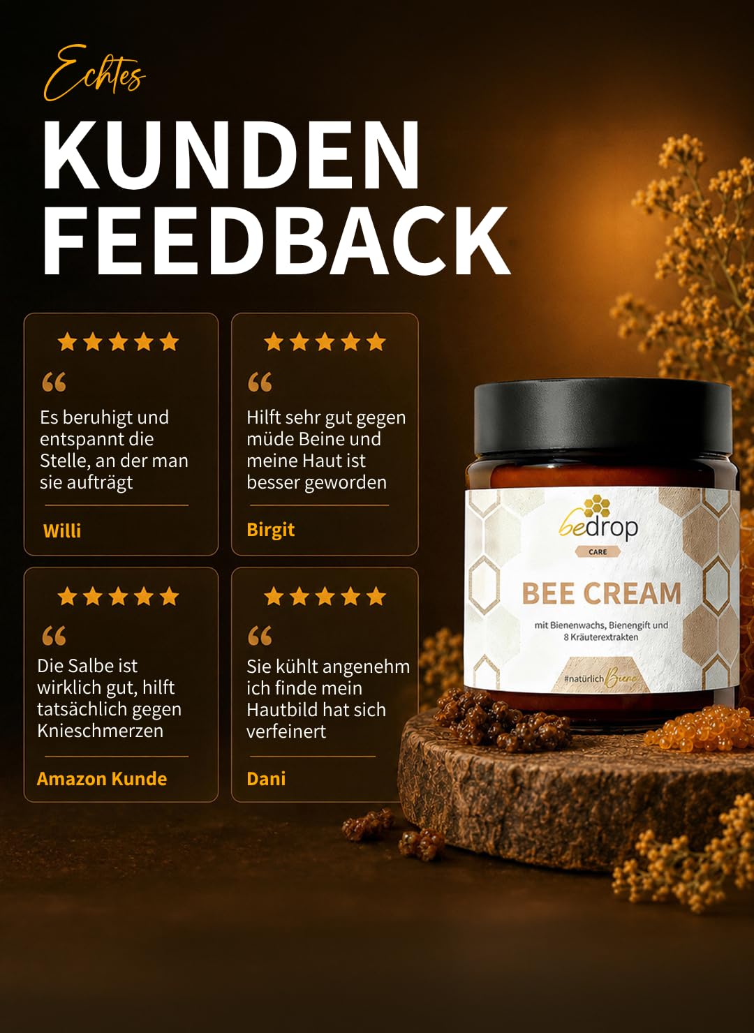 bedrop Bienengiftsalbe hochdosiert (kühlend & wärmend) - Bee Cream Bienengiftcreme für den Körper mit Bienenwachs und 8 Kräuterextrakten, wie Aloe Vera, Ringelblume, Eukalyptus und Rosskastanie 100g