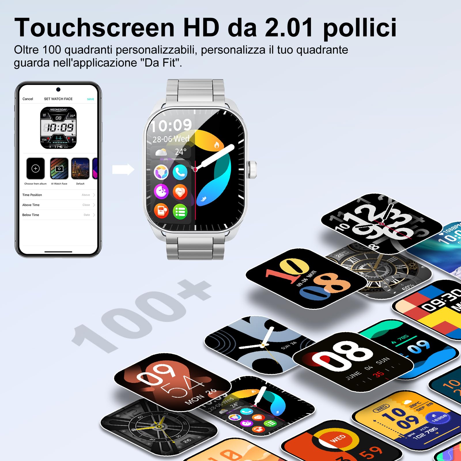 Smartwatch Uomo Donna, fitness tracker da 2,01” con 120+ modalità sportive Monitor della frequenza cardiaca e del sonno e dell'ossigeno nel sangue, orologio fitness impermeabile IP68 per Android iOS