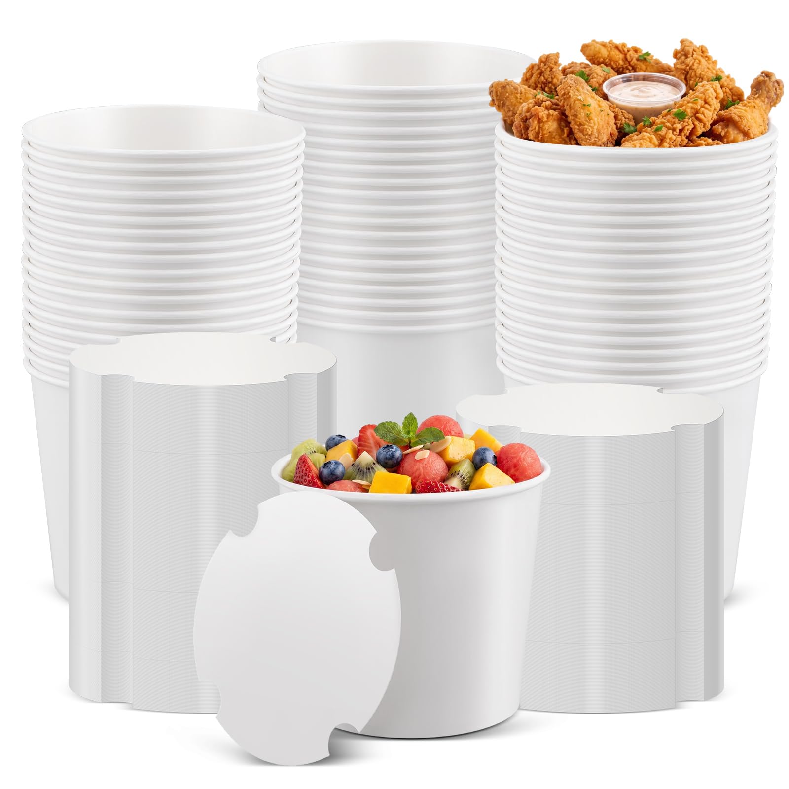 ARQRHTLY 50 secchi usa e getta per popcorn da 2,409,7 g, con coperchi di carta, grandi contenitori bianchi vuoti per popcorn, cibo, snack, feste, serate cinematografiche, carnevale, artigianato fai da
