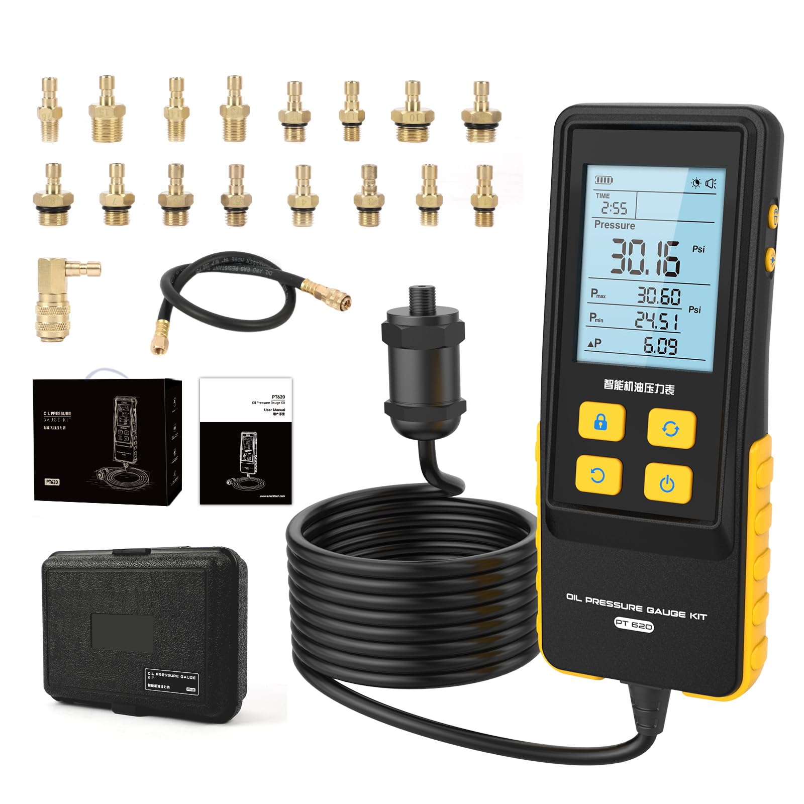 PT620 Digitales Öldruckmessgerät Kit, 0-426,6 PSI Motor-Öldruckprüfer mit 2,8 Zoll beleuchtetem LCD, Mehrfach-Umschaltung, 17 Kupfer-Adapter für Auto LKW Motorrad