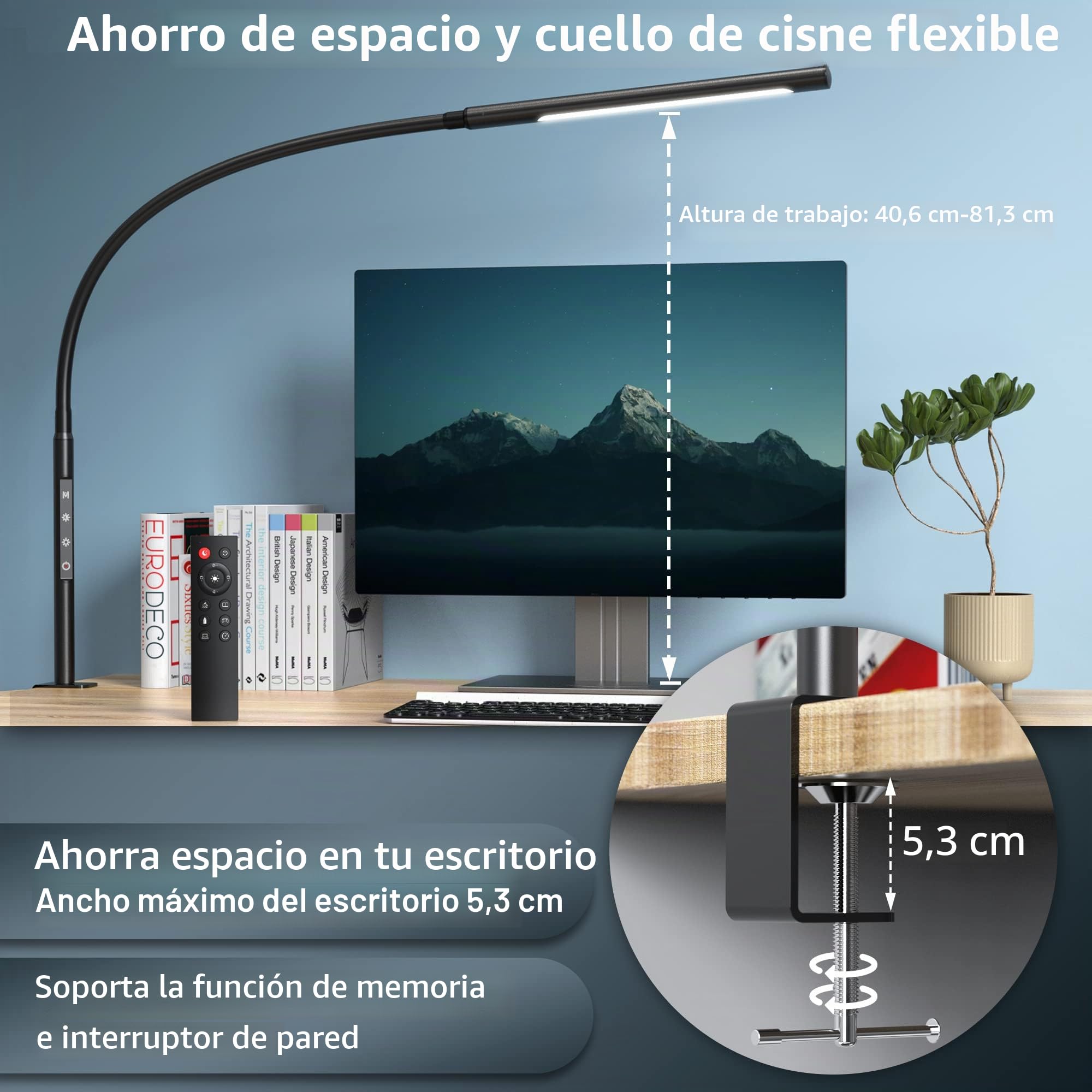 EYOCEAN Lámpara de escritorio LED, cuello de cisne flexible Lámpara de escritorio con pinza, brillo y temperatura de color ajustables, control táctil, lámpara de mesa con mando a distancia, 12W