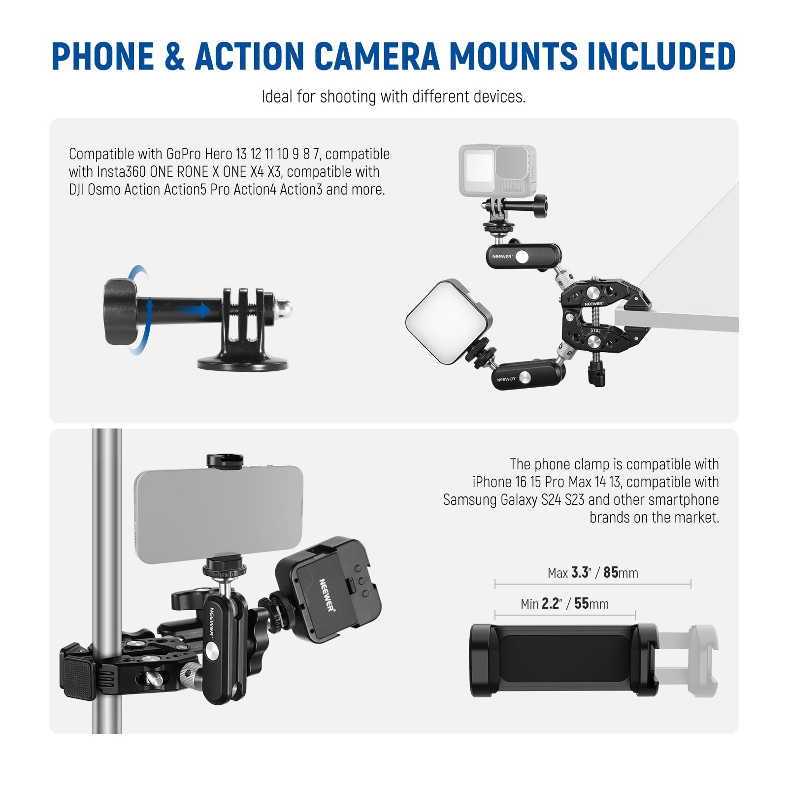NEEWER Super Clamp z dwoma 360° Magiczne Ramiona Podwójna Głowica Kulista, Gwinty 1/4" 3/8", adapter do montażu telefonu i kamery akcji kompatybilny z GoPro dji Insta360 DSLR