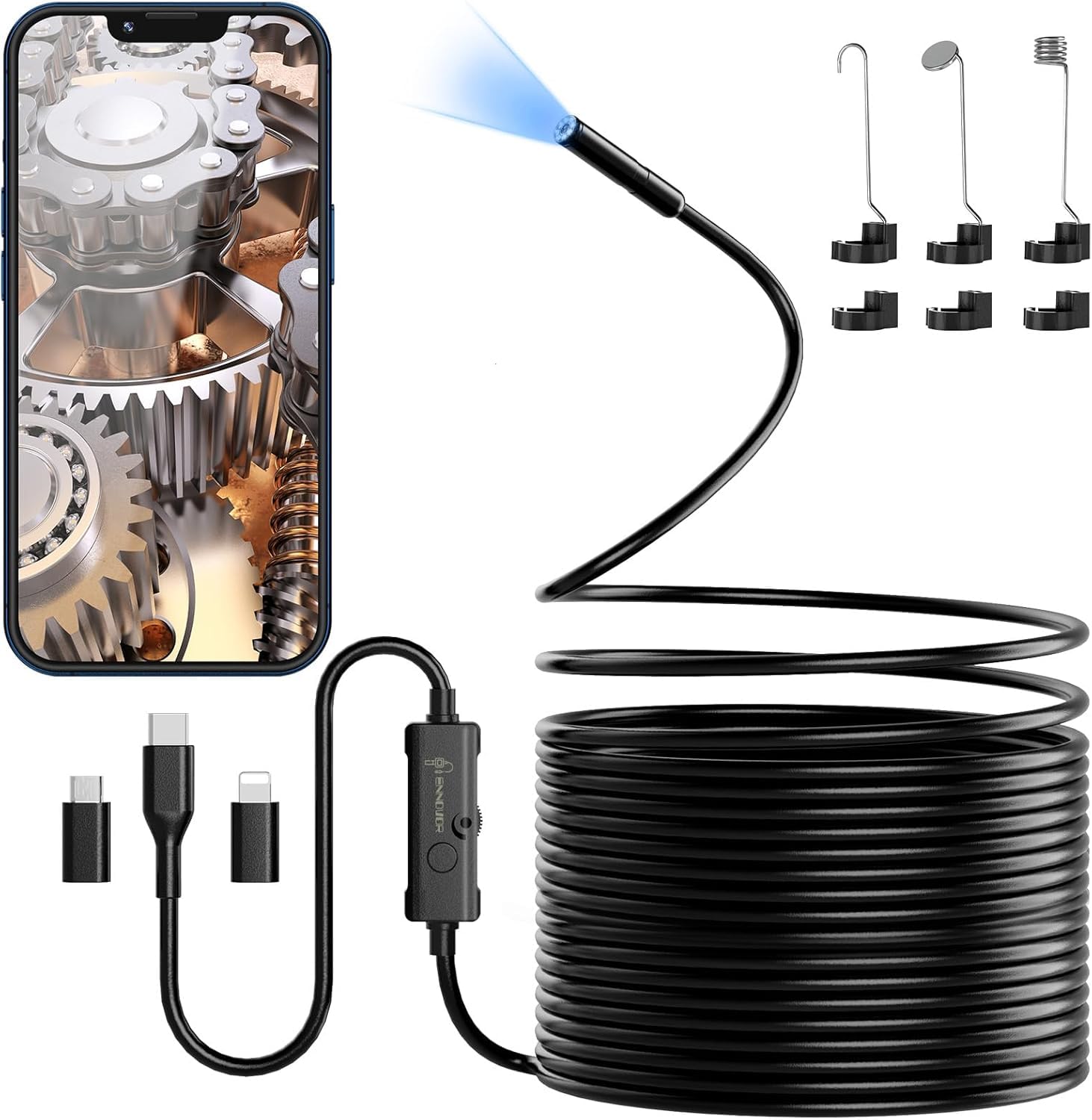 Endoscopio per Smartphone, 1920P HD Telecamera Endoscopia, IP67 Sonda Impermeabile, Endoscopio con 8 LED, Telecamera Ispezione Tubi con Cavo Semirigido da 10 m, Android iOS - Camera senza WiFi