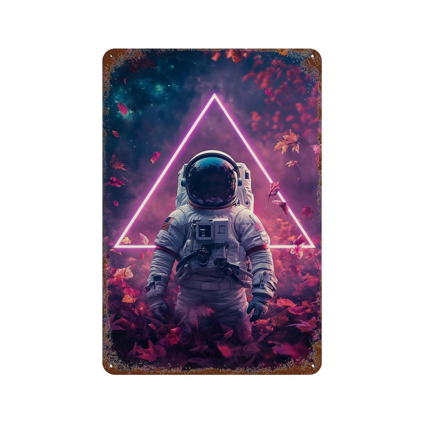 Space Astronaut in Neon Triangle 11.8"x7.9" Rust Effect Tin Sign, Vintage Wall Decor for Farmhouse, Kitchen And Entryway Decor