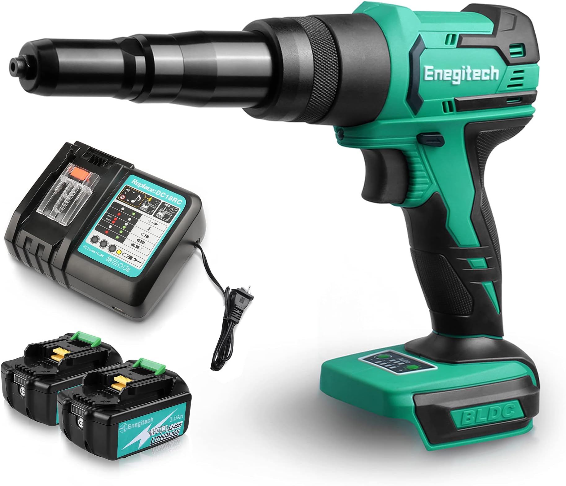 18V Cordless Rivet Gun Brushless Lithium-ion Automatic Blind Rivet Tool for 3/32", 1/8", 5/32", 3/16" Rivets with 2 Pack 3.0Ah Battery ETB1830B and Charger DC18RC
