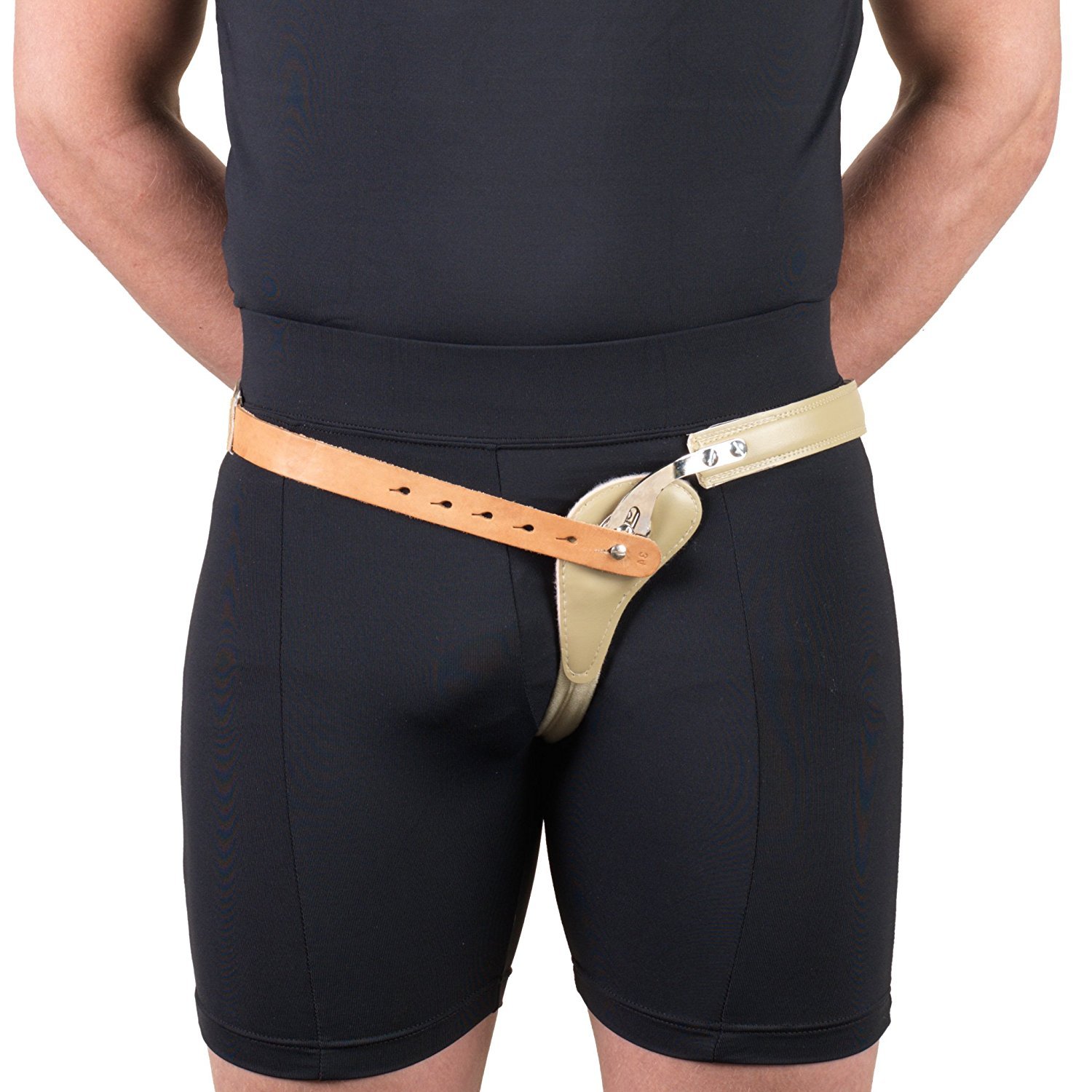 Truform-OTC Hernia Truss, Single Spring, Scrotal Pad Compression, Leather, Congenital Hernia Relief, 34 inch Hip (Left)