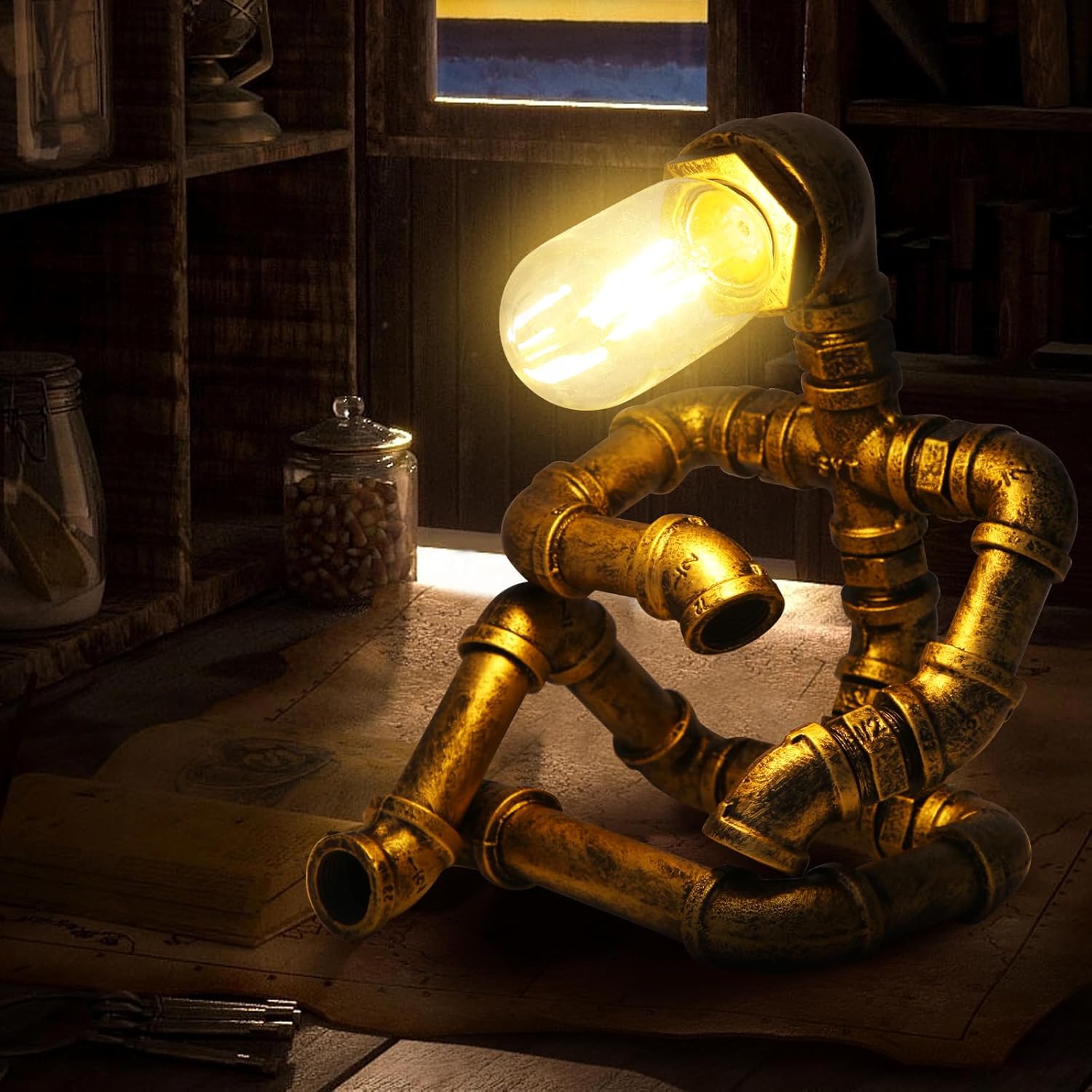 Steampunk Decor Table Lamp for Men Unique Creative Robot Style Desk Lamp,Vintage Industrial Metal Pipe Water Pipe Light, Home Decor Ideal for Bedrooms,Study. (Bronze A)