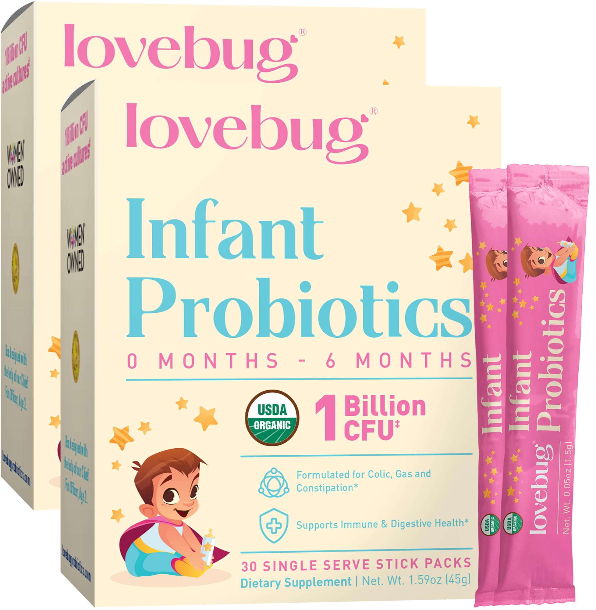 LOVEBUGProbiotics Infant Probiotics for 0-6 Months, 60 Packets – 1 Billion CFU – Allergen-Free, Non-GMO, Vegan