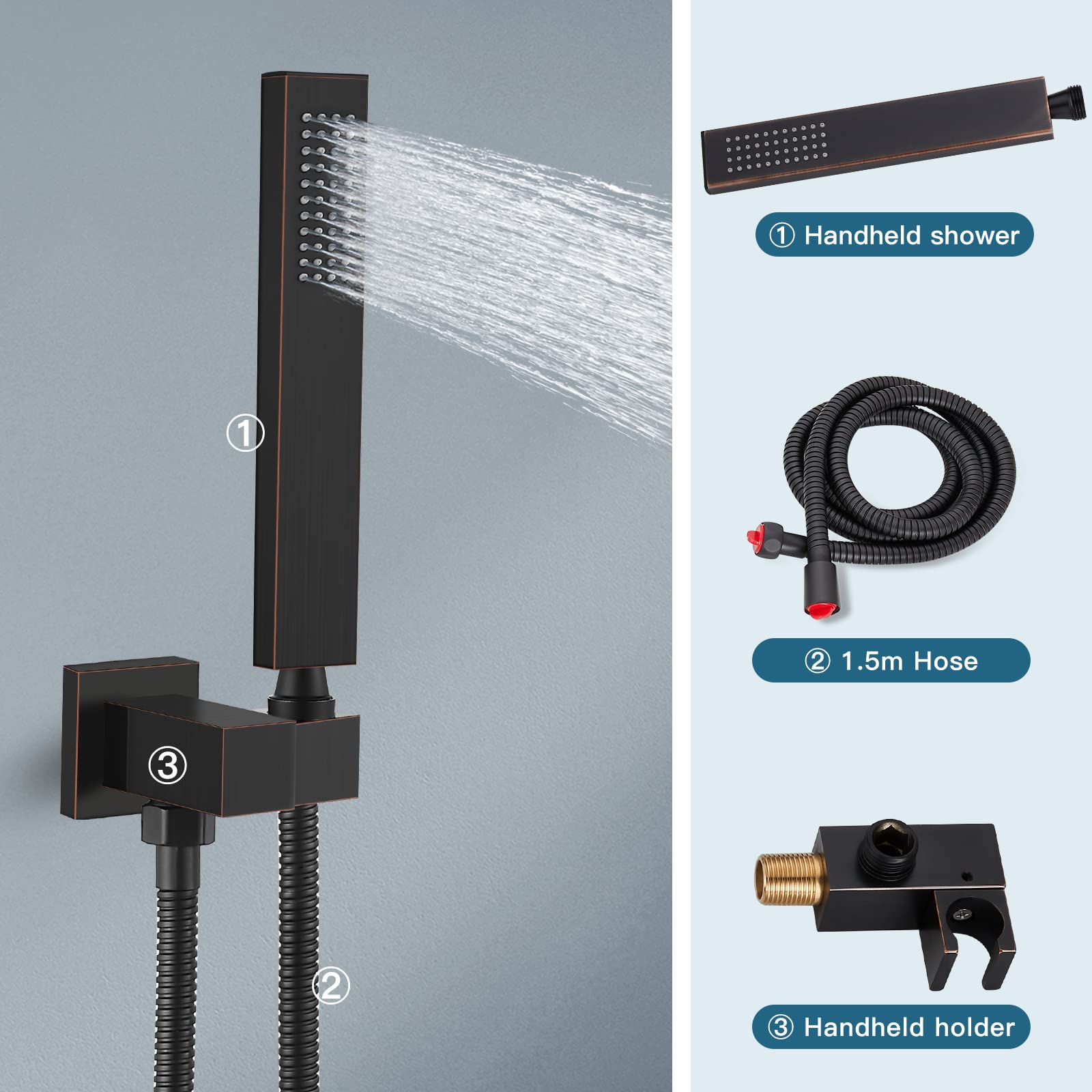 Ducha de Mano Cuadrada de Bronce aceitado SUS304 de Acero Inoxidable de Alta presión con Conector de Pared, Soporte de Ducha y Manguera de Ducha Flexible de 60 Pulgadas.