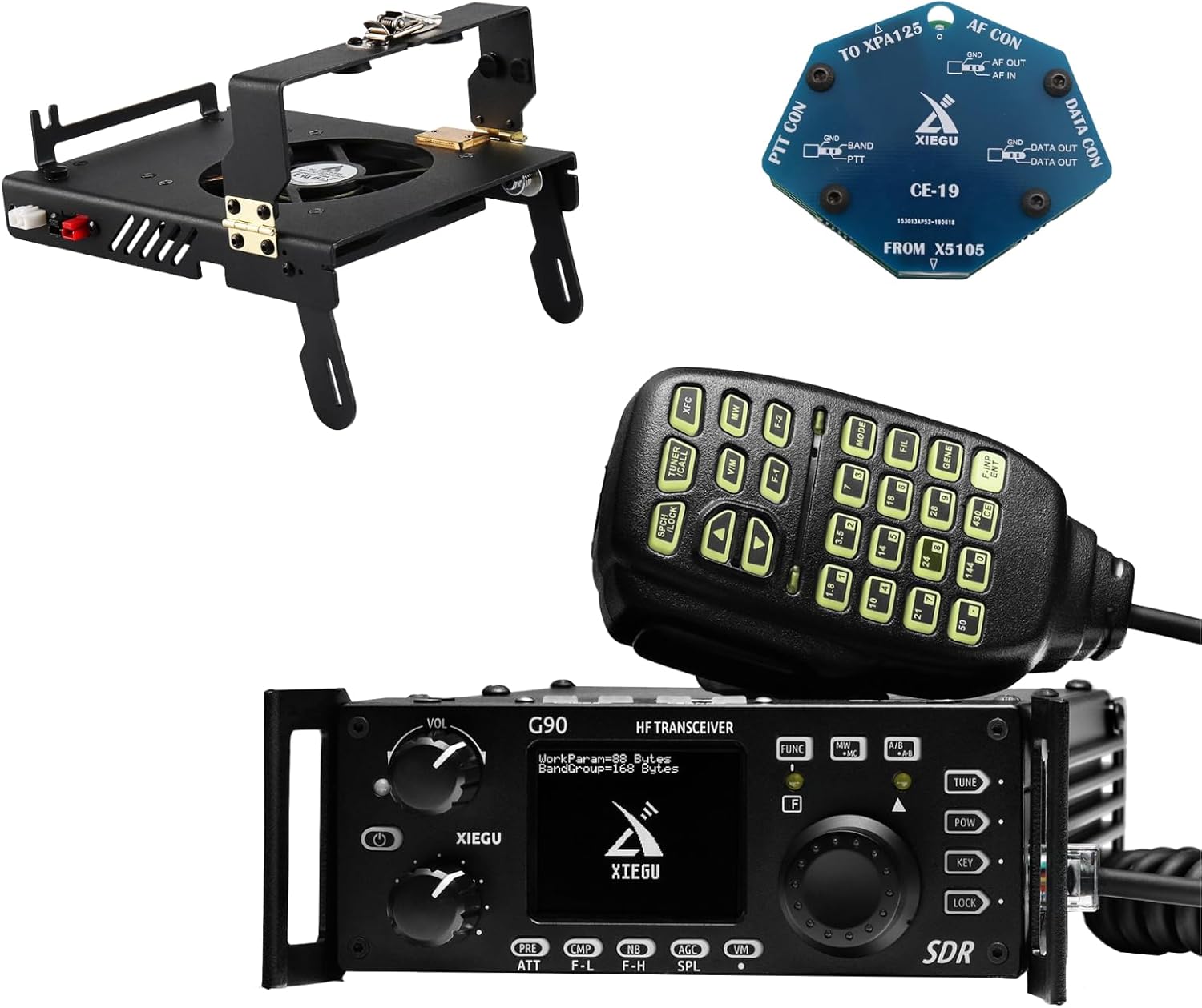 Bundle with CE-19 & G90-H1 Fan Holder, Xiegu G90 HF Radio 20W SSB/CW/AM/FM SDR Structure with Built-in Auto Antenna Tuner